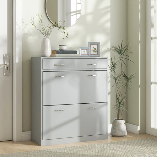 Narrow Shoe Storage, 2 Flip Drawers, Adjustable Shelves, 12 Pairs, Grey