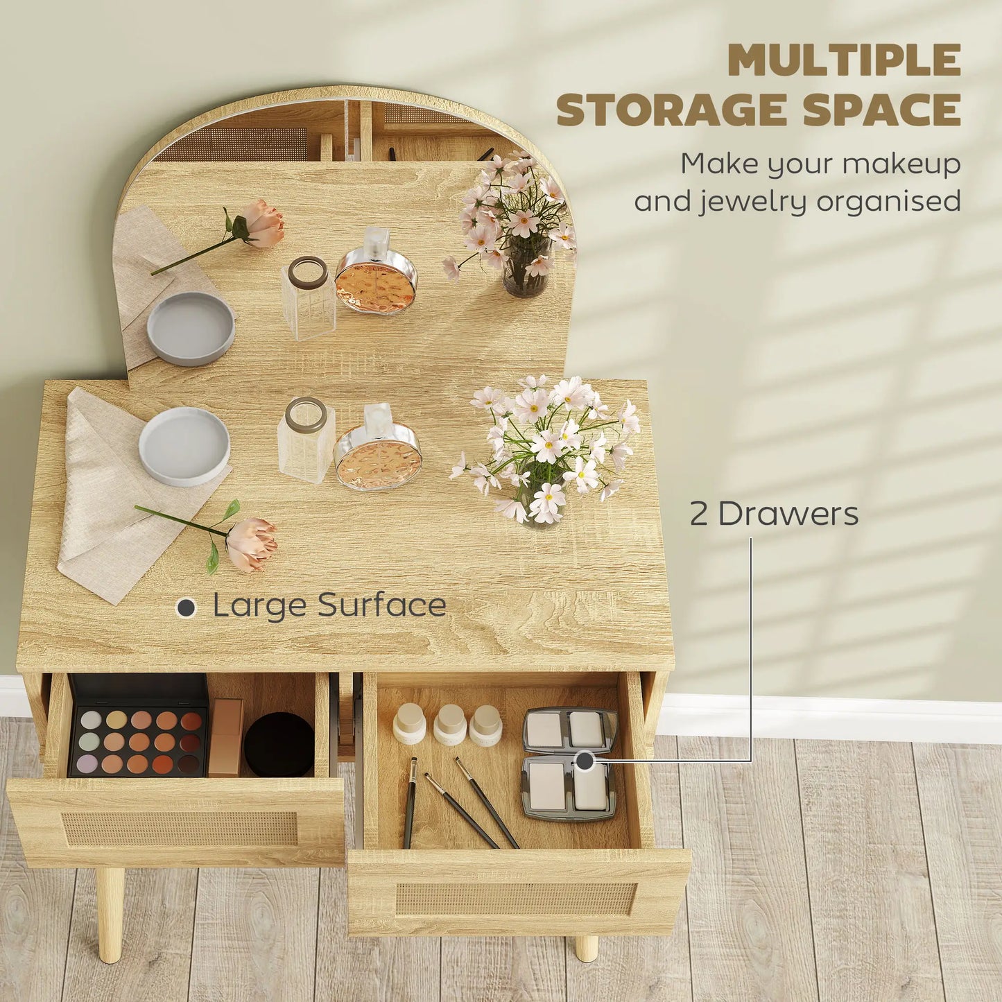 Vanity Desk With Mirror, 2 Drawers, Natural Wood Dressing & Vanity Tables at Gallery Canada