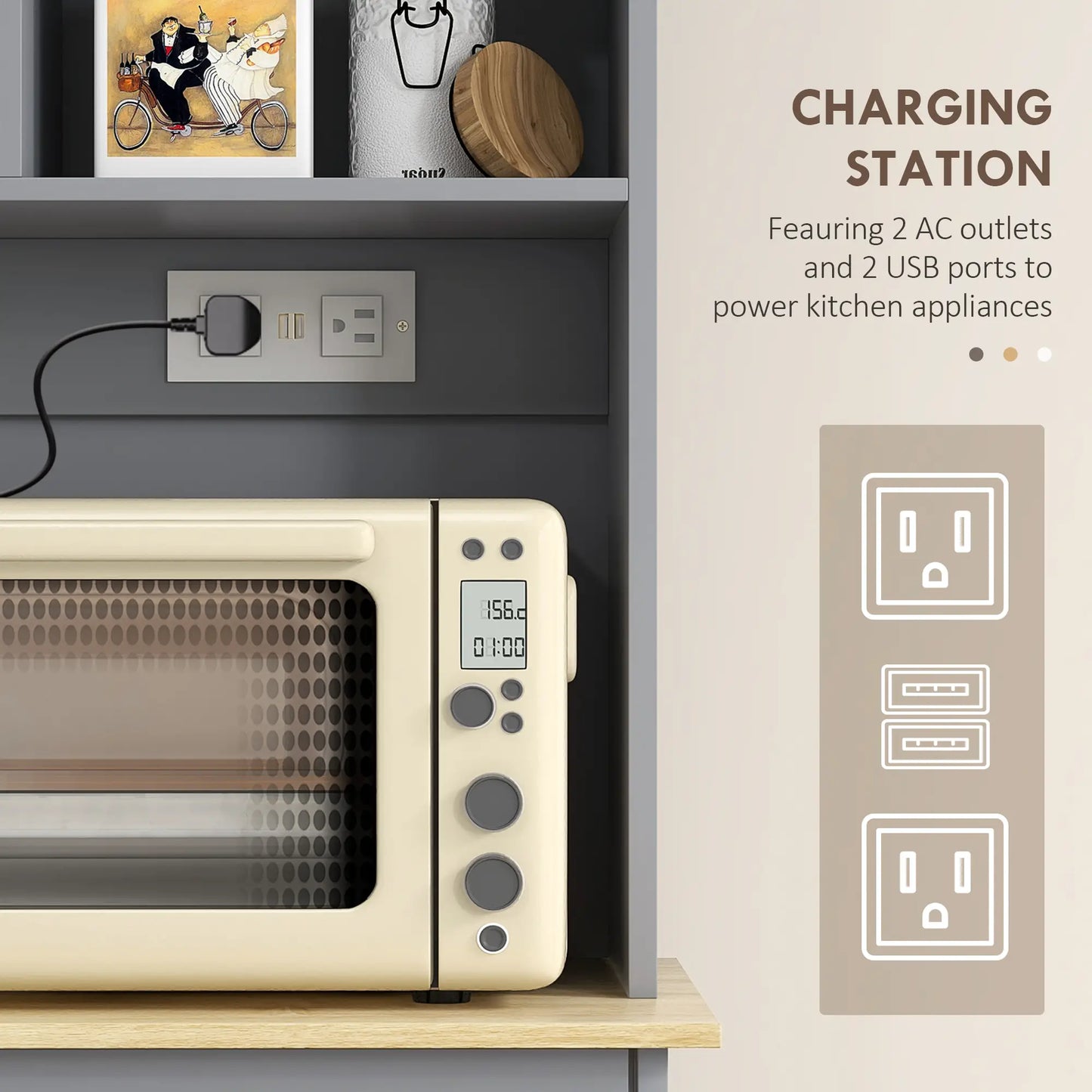 Kitchen Cabinet with Charging Station, 2 Tilt Out Cabinets, Microwave Stand, Grey Kitchen Pantry Cabinets at Gallery Canada