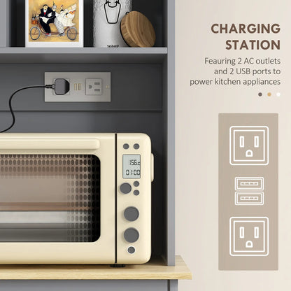 Kitchen Cabinet with Charging Station, 2 Tilt Out Cabinets, Microwave Stand, Grey Kitchen Pantry Cabinets at Gallery Canada