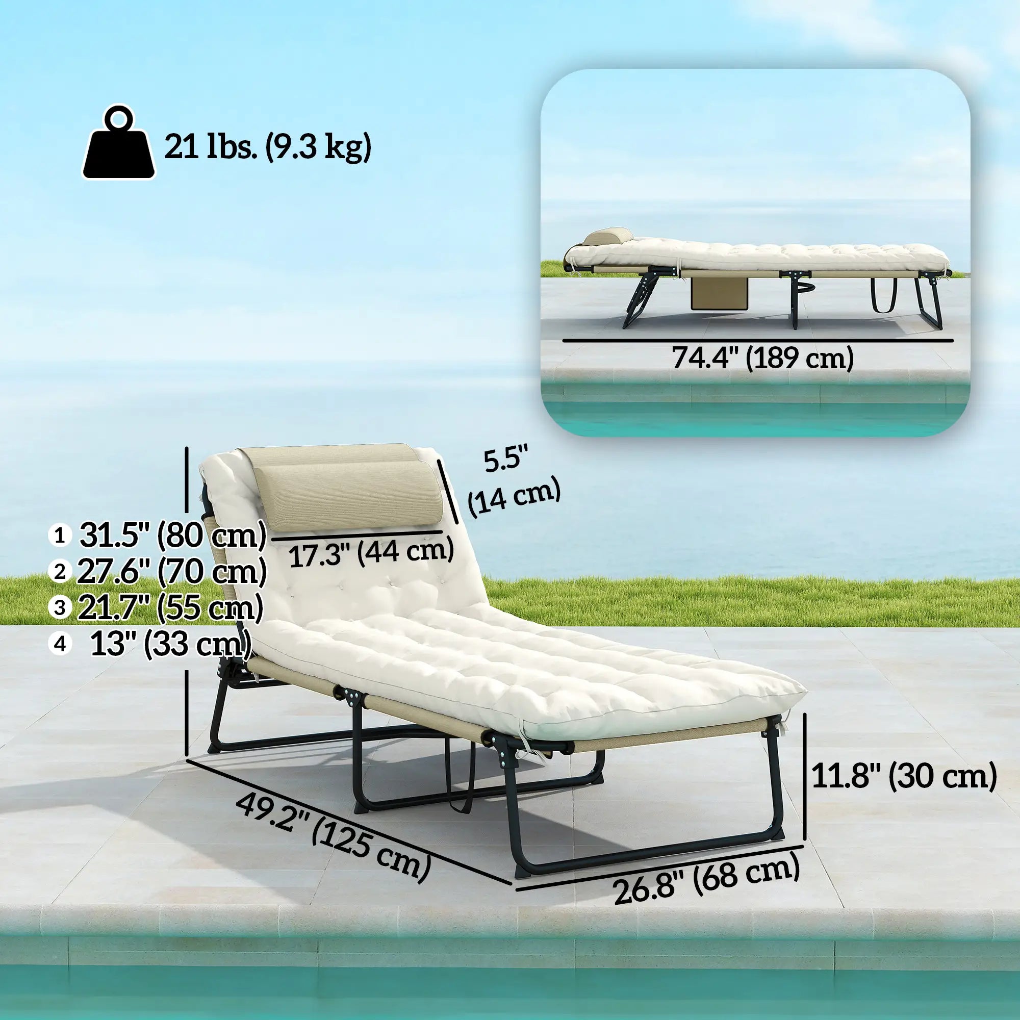 Folding Lounge Chair, 4-Level Reclining Back, Cushion, Beige Lounger Chairs at Gallery Canada