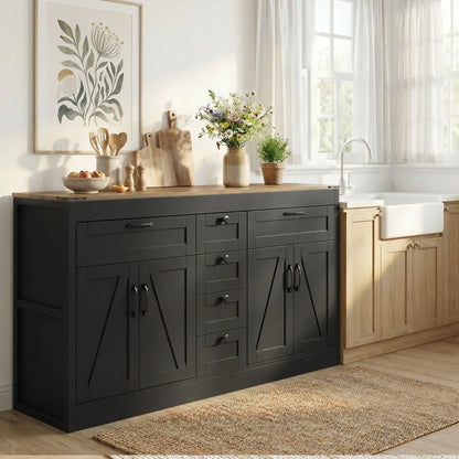 55" Sideboard Buffet Cabinet, Farmhouse Kitchen With Barn Doors, Black Bar Cabinets at Gallery Canada