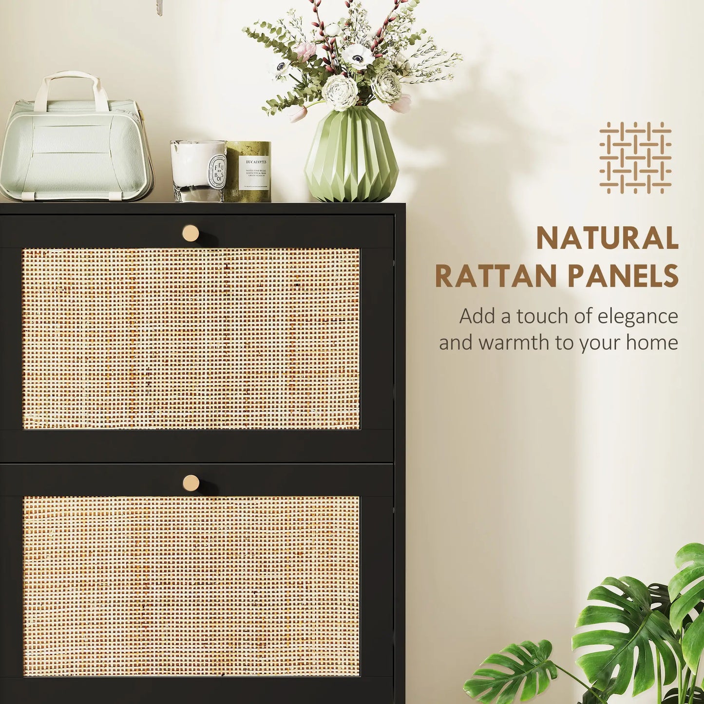 Rattan Shoe Storage Cabinet, 3 Flip Drawers, Adjustable Shelves, 18 Pairs, Black Shoe Storage Cabinets & Racks at Gallery Canada