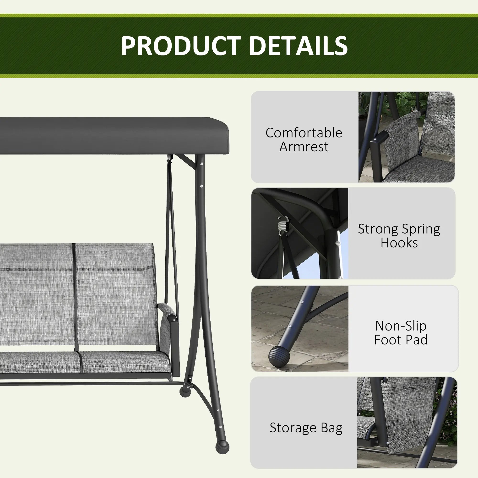 3 Person Porch Swing, Adjustable Canopy, Mixed Grey, Grey Porch Swings with Canopy at Gallery Canada