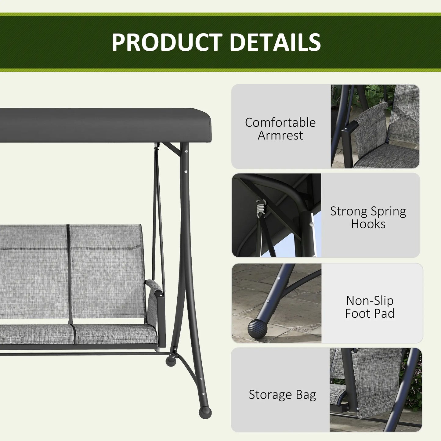 3 Person Porch Swing, Adjustable Canopy, Mixed Grey, Grey Porch Swings with Canopy at Gallery Canada