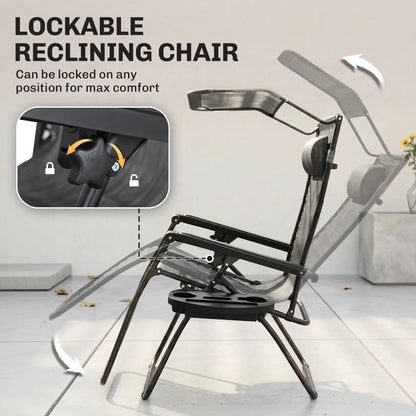 2 Piece Foldable Lounge Chair with Canopy, Outdoor Zero Gravity Chair, Dark Grey Lounger Chairs at Gallery Canada