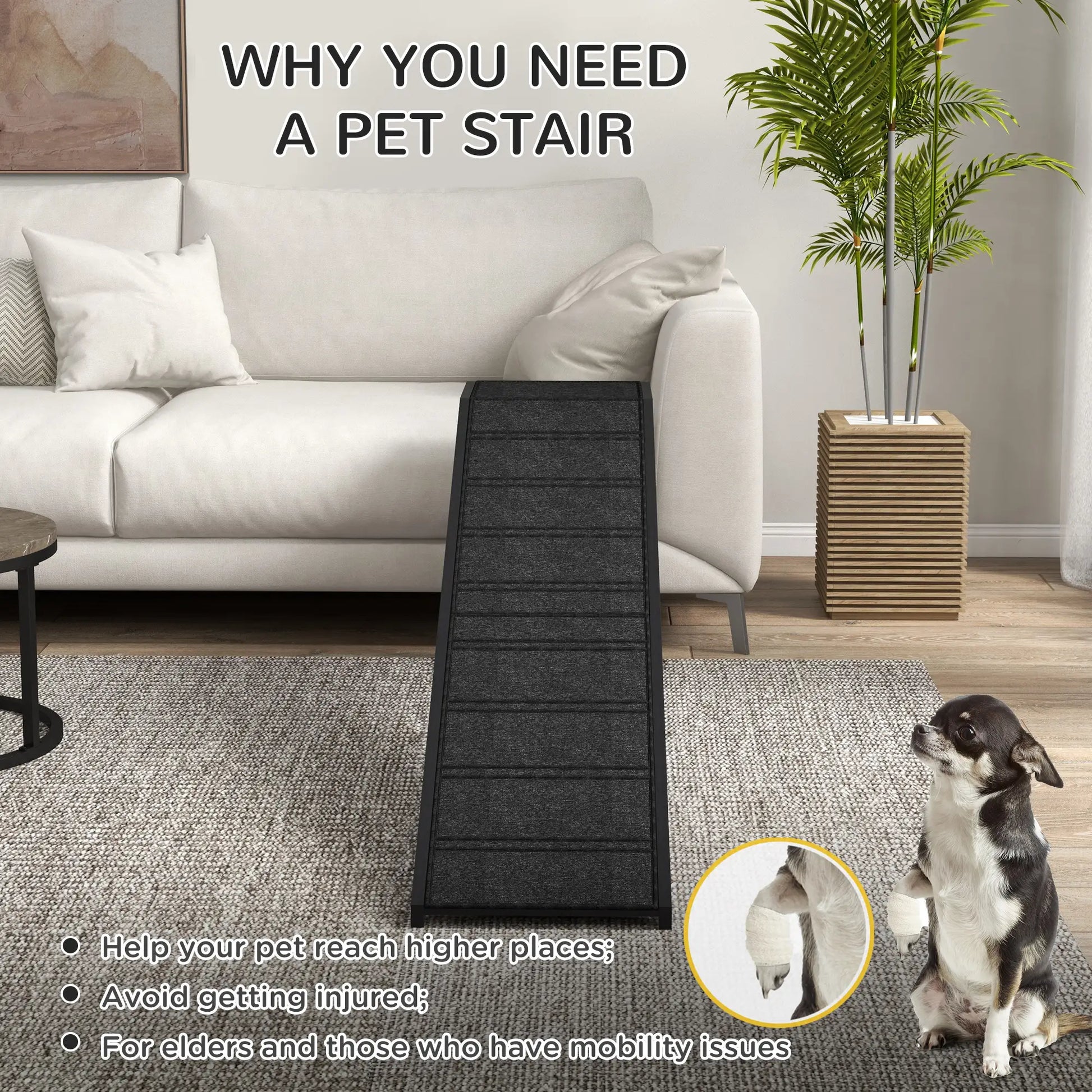 Pet Ramp Bed Steps, Non-Slip Carpet Top, Pine Wood, 74"L x 16"W x 25"H, Black Dog Stairs at Gallery Canada
