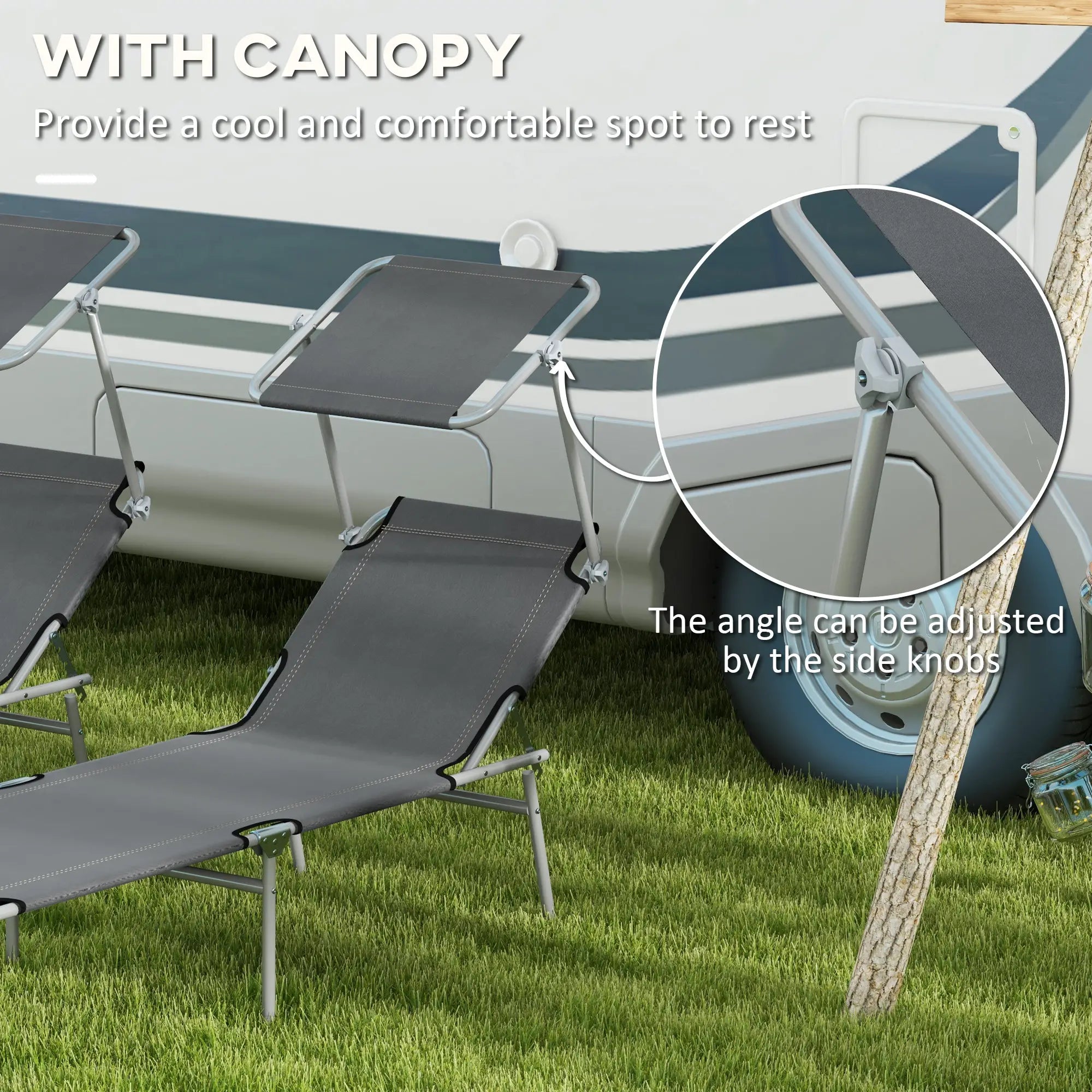 Outdoor Lounge Chair, Adjustable Folding Chaise With Sun Shade, Grey Lounger Chairs at Gallery Canada