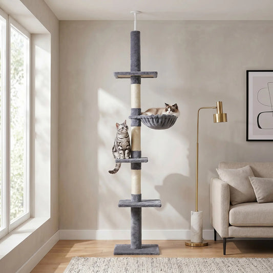 8.5ft Cat Climbing Tree, 5-Tier Activity Center, Scratching Post, Grey Floor to Ceiling Cat Trees Grey at Gallery Canada