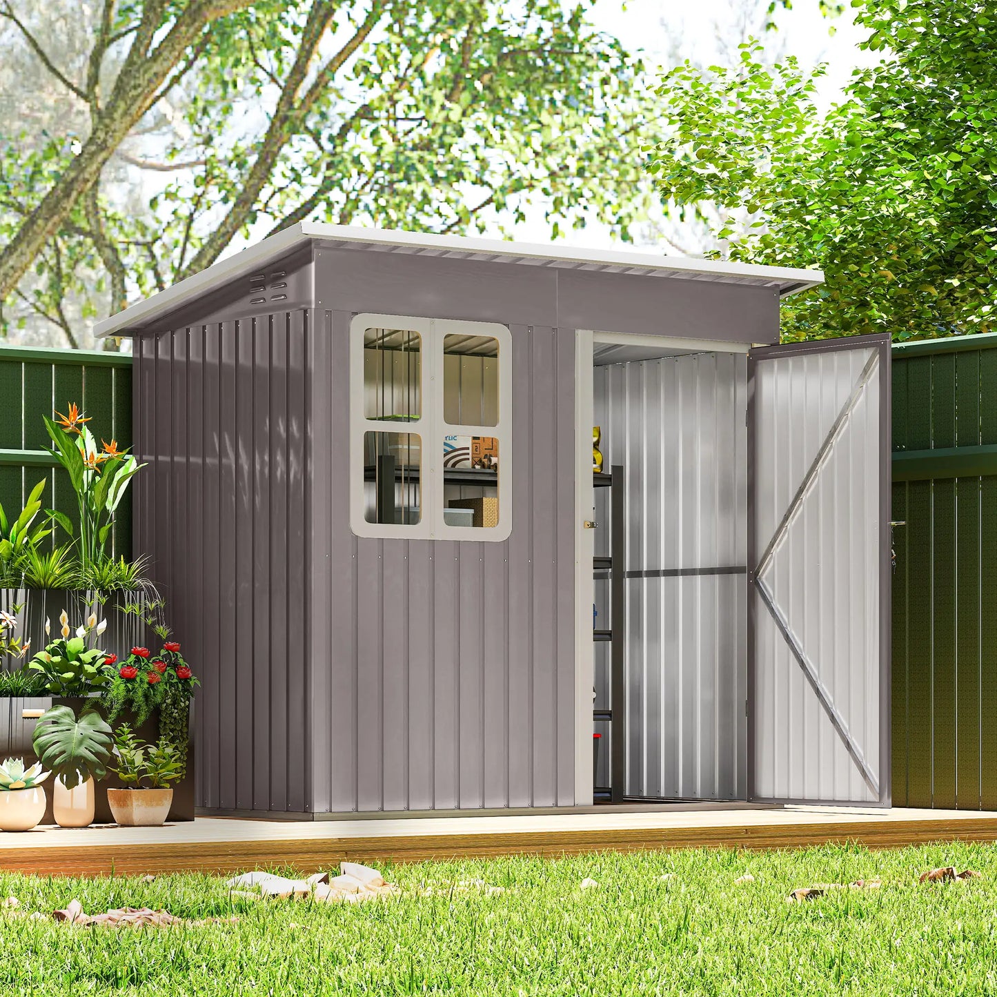 7' x 4' Galvanised Steel Outdoor Storage Shed, Garden Shed With Window, Lockable Door, Air Vents, Warm Grey Sheds at Gallery Canada