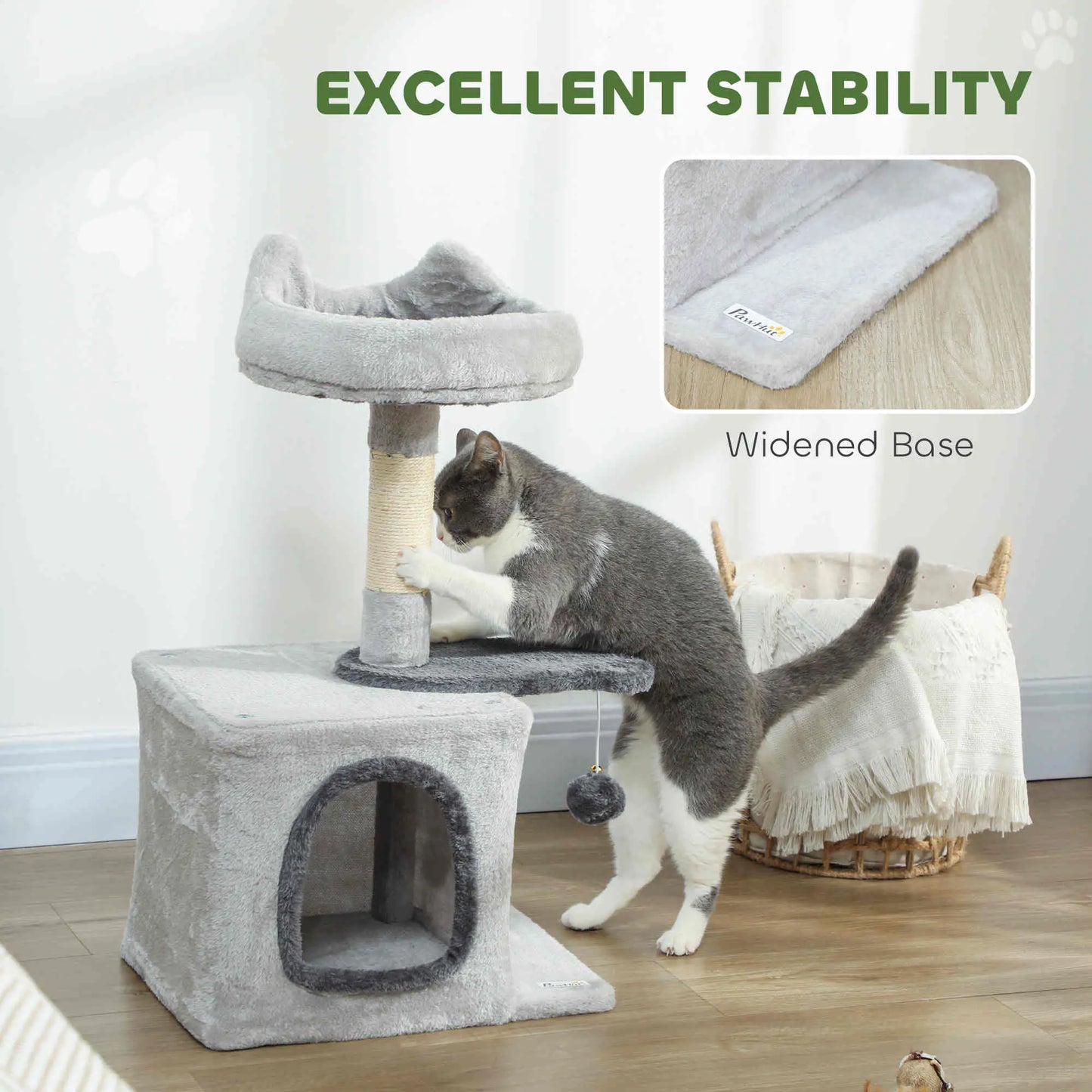 28" Cat Tree Tower with Plush Bed, Condo, Sisal Post, Perch, Ball, Light Grey Cat Posts at Gallery Canada