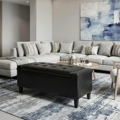 Storage Ottoman Bench, PU Leather Upholstered, Tufted Design, Black Storage Ottomans & Benches at Gallery Canada