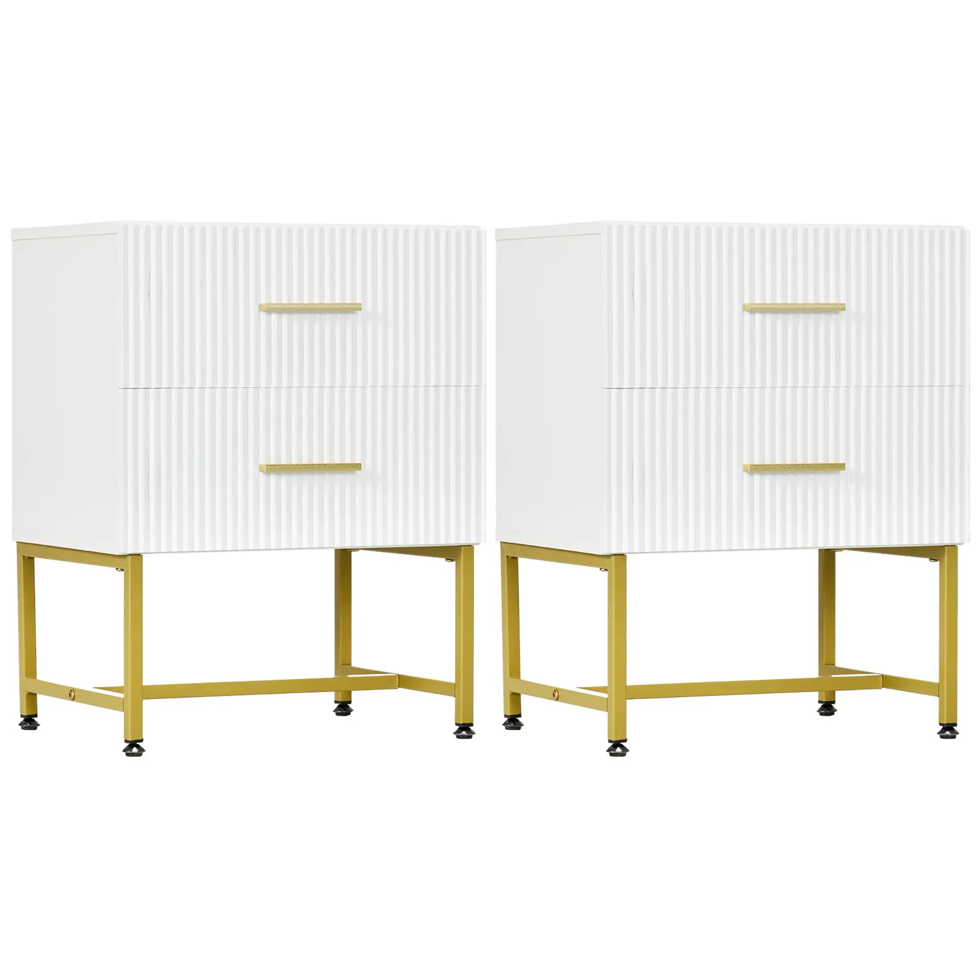 2 Nightstands with Storage, Modern Bedside Tables, 2 Fluted Drawers, Gold Legs, White Bedside Tables at Gallery Canada