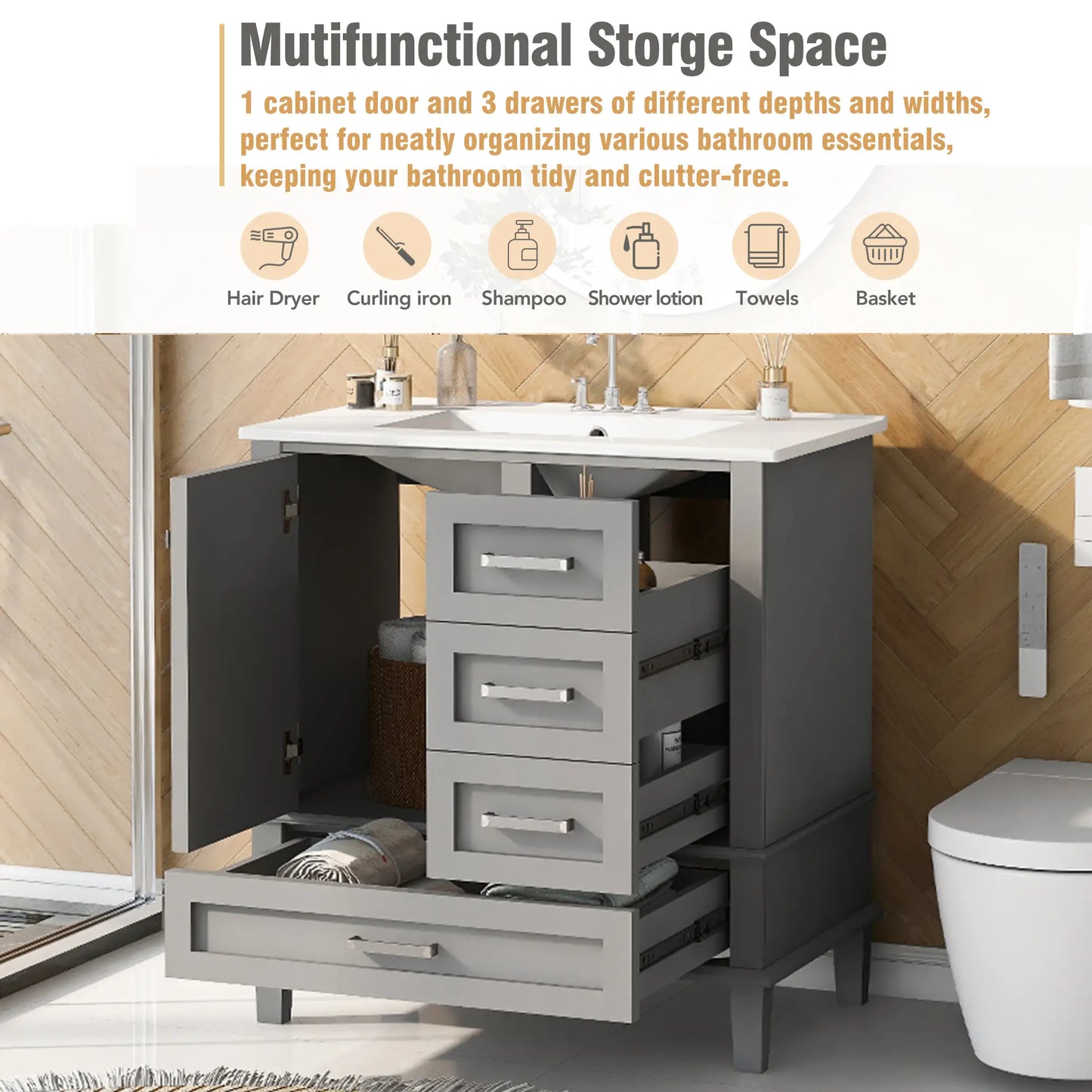 Bathroom Vanity with Sink, Solid Wood, Storage Cabinet, 30" L x 18" W x 34" H, Grey Sink Cabinets at Gallery Canada