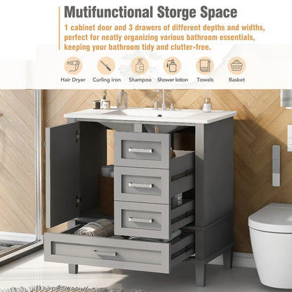 Bathroom Vanity with Sink, Solid Wood, Storage Cabinet, 30" L x 18" W x 34" H, Grey Sink Cabinets at Gallery Canada