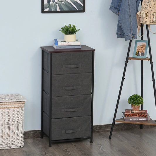 Linen Drawer Cabinet, 4 Removable Drawers, Metal Frame, Adjustable Feet, Black Storage Cabinets Deep Grey Drawers, Black Frame, Brown Wood Color Top at Gallery Canada