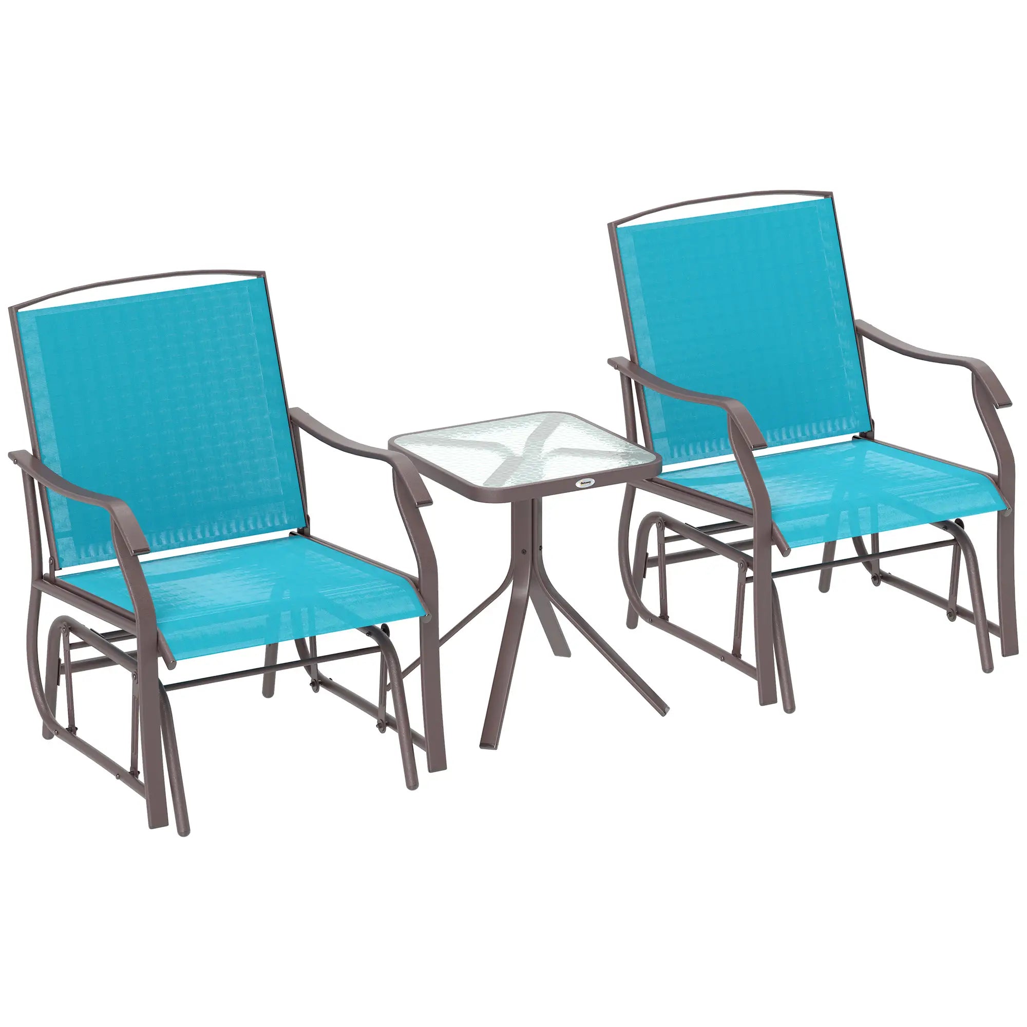 3 Piece Patio Glider Set, Breathable Mesh Seat, Glass Top Table, Blue Outdoor Gliders Brown Frame, Blue Fabric at Gallery Canada