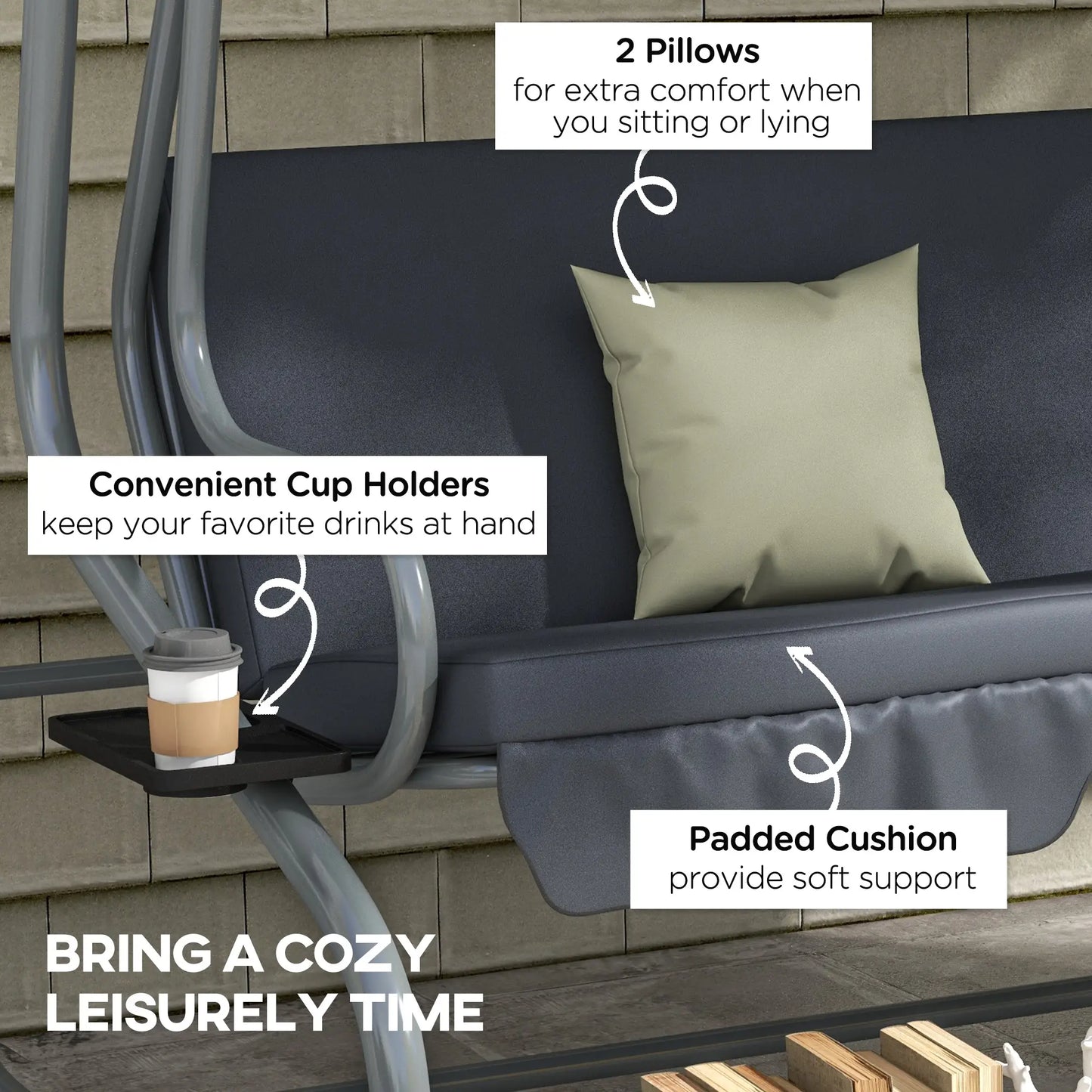 3-Seat Outdoor Swing Canopy Chair, Adjustable Shade, Cushions, Cup Holder, Dark Grey Patio Swings with Stand at Gallery Canada