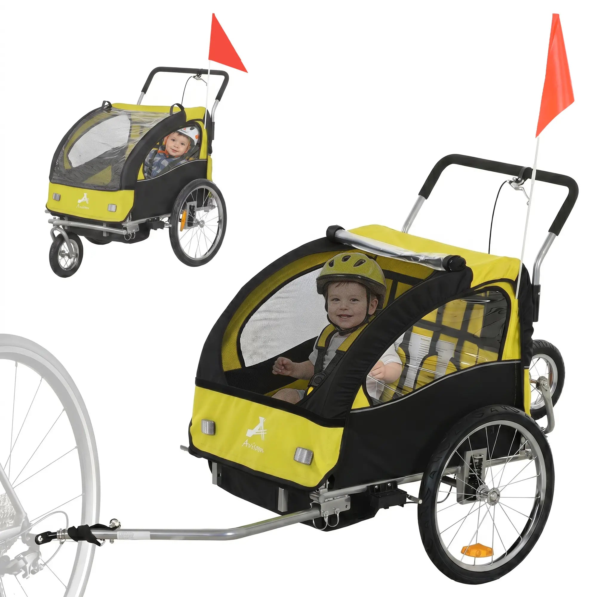 2-in-1 Bike Trailer, Foldable 2-Seat Stroller, 5-Point Harness, Yellow Kids Bike Trailers at Gallery Canada