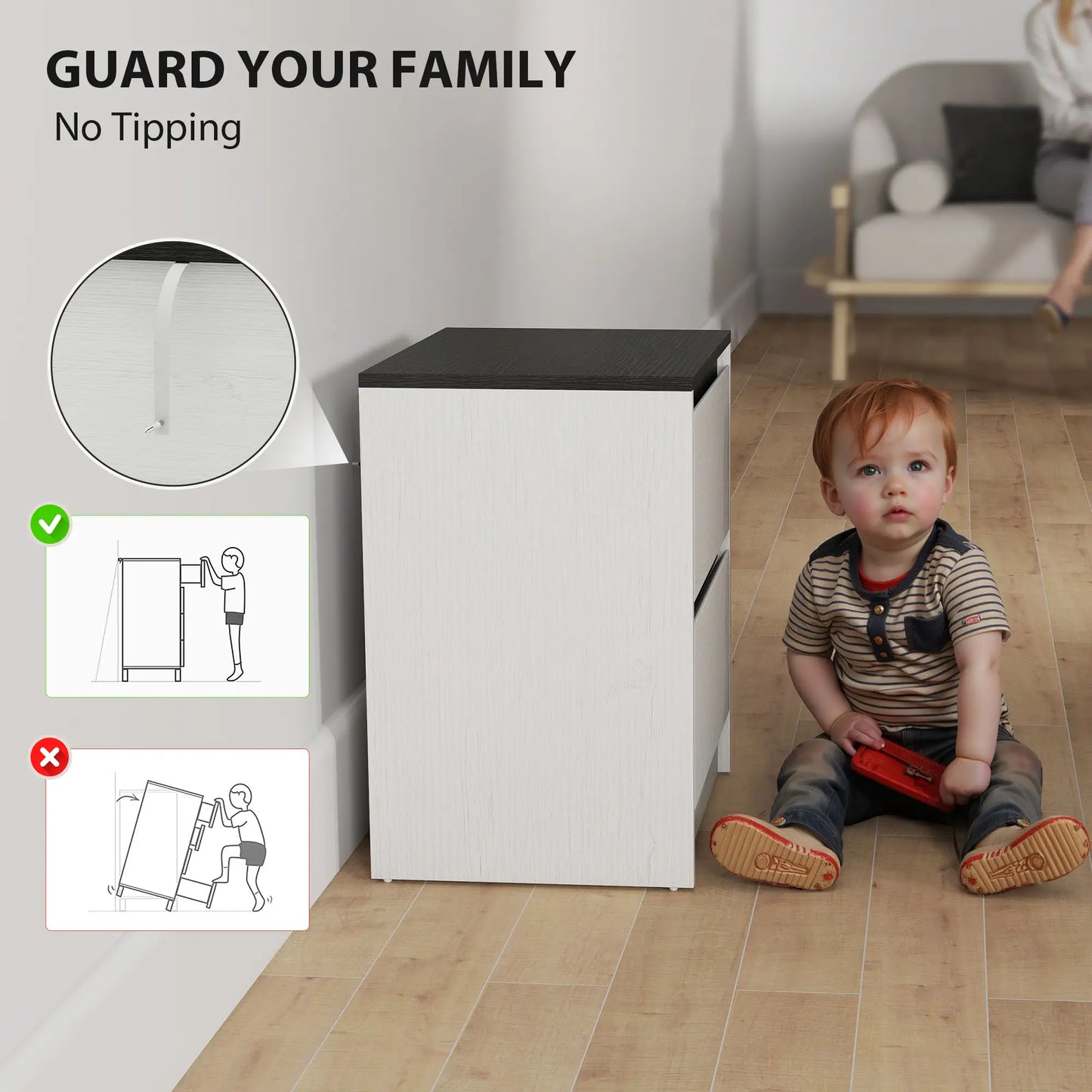 Modern Bedside Tables, Set of 2, 2 Drawers, White