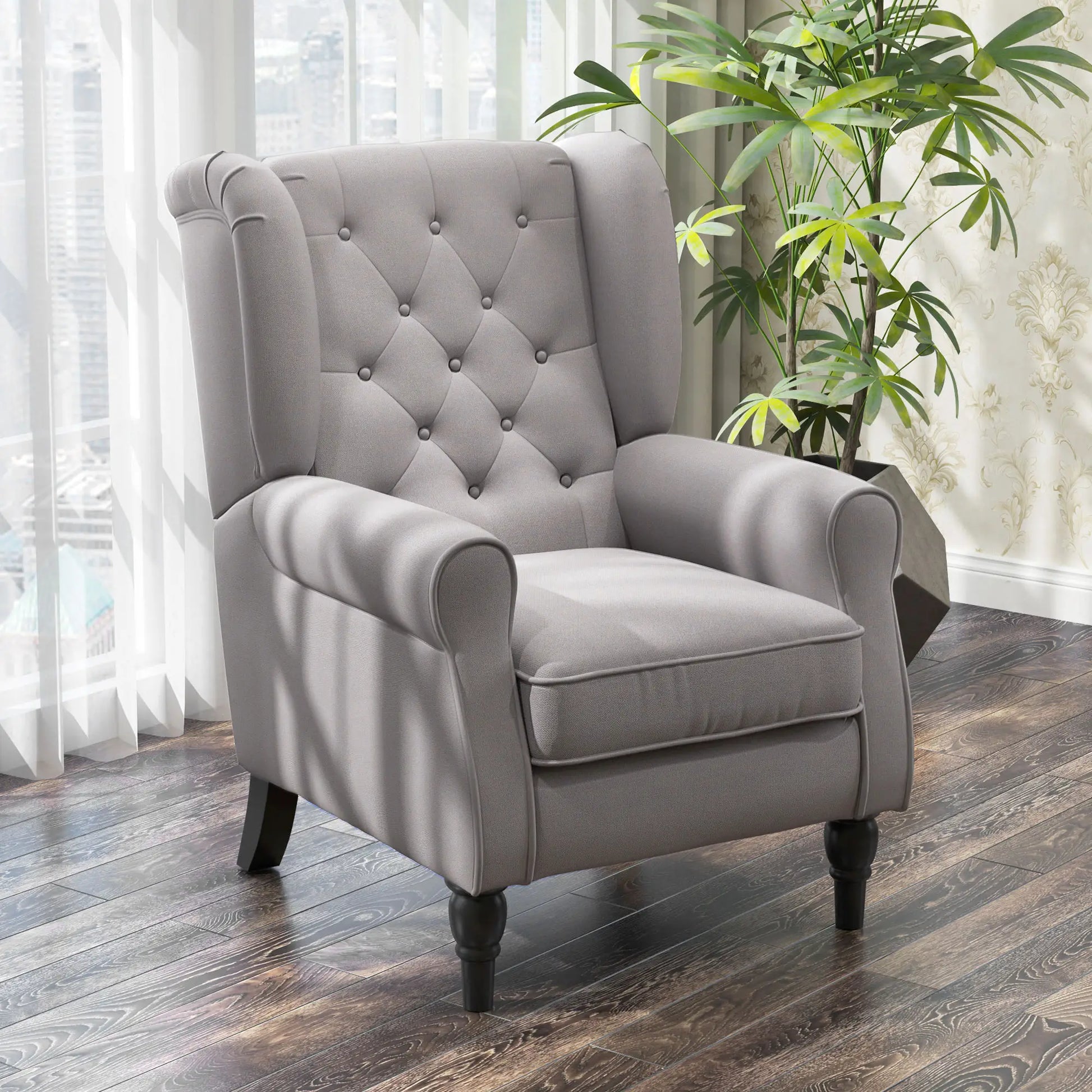 Fabric Accent Chair, Button Tufted Armchair, Modern Living Room, Wood Legs, Grey Accent Chairs at Gallery Canada