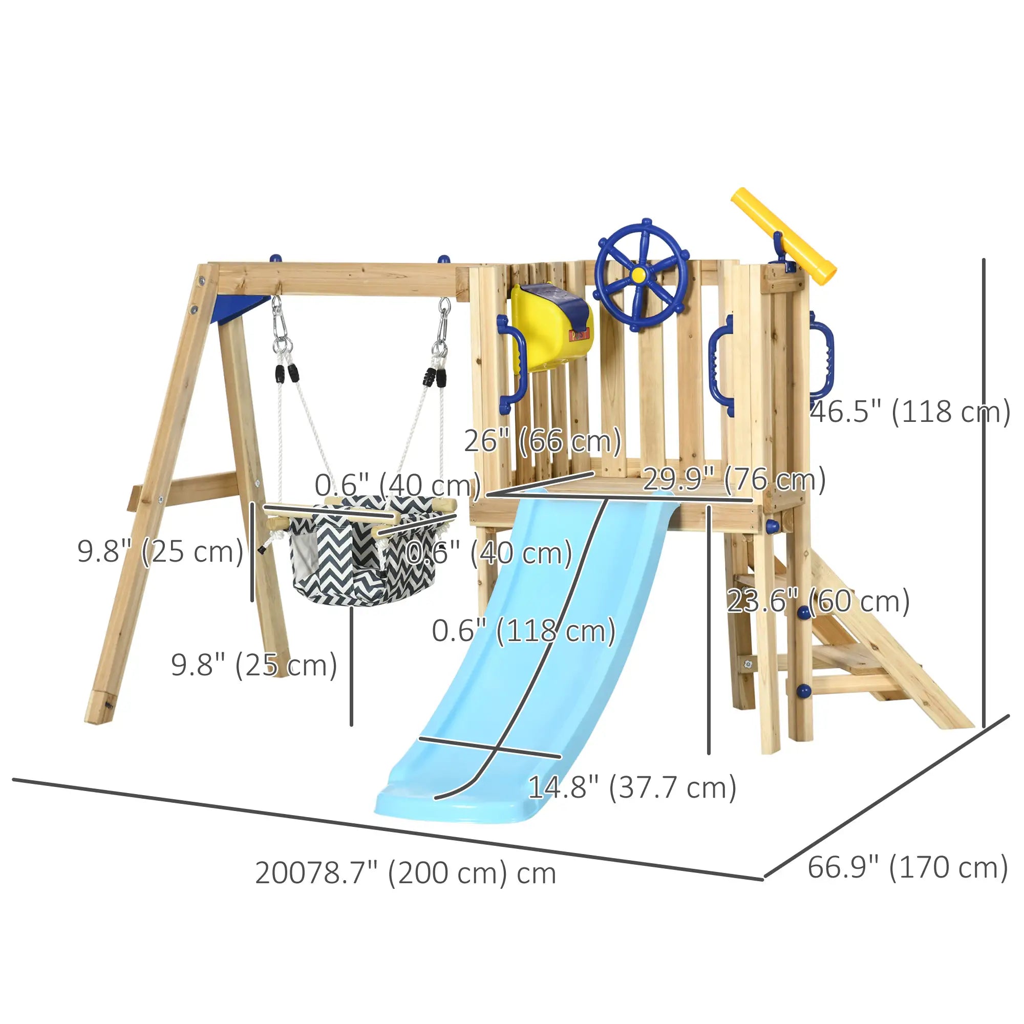 Wooden Kids Swing Set With Slide, Swing Seat, Captain's Wheel, Telescope, Natural Gym Sets & Swings at Gallery Canada