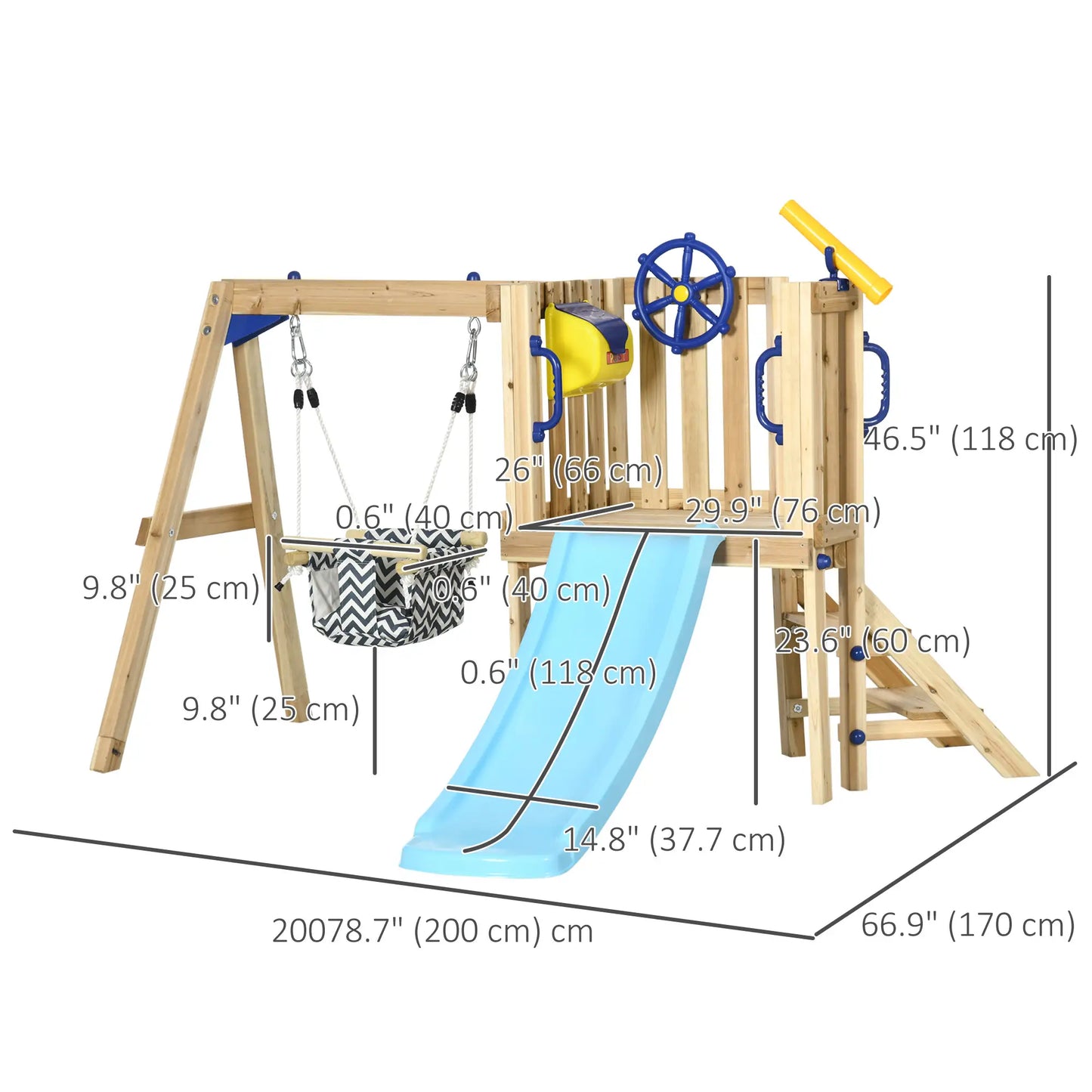 Wooden Kids Swing Set With Slide, Swing Seat, Captain's Wheel, Telescope, Natural Gym Sets & Swings at Gallery Canada