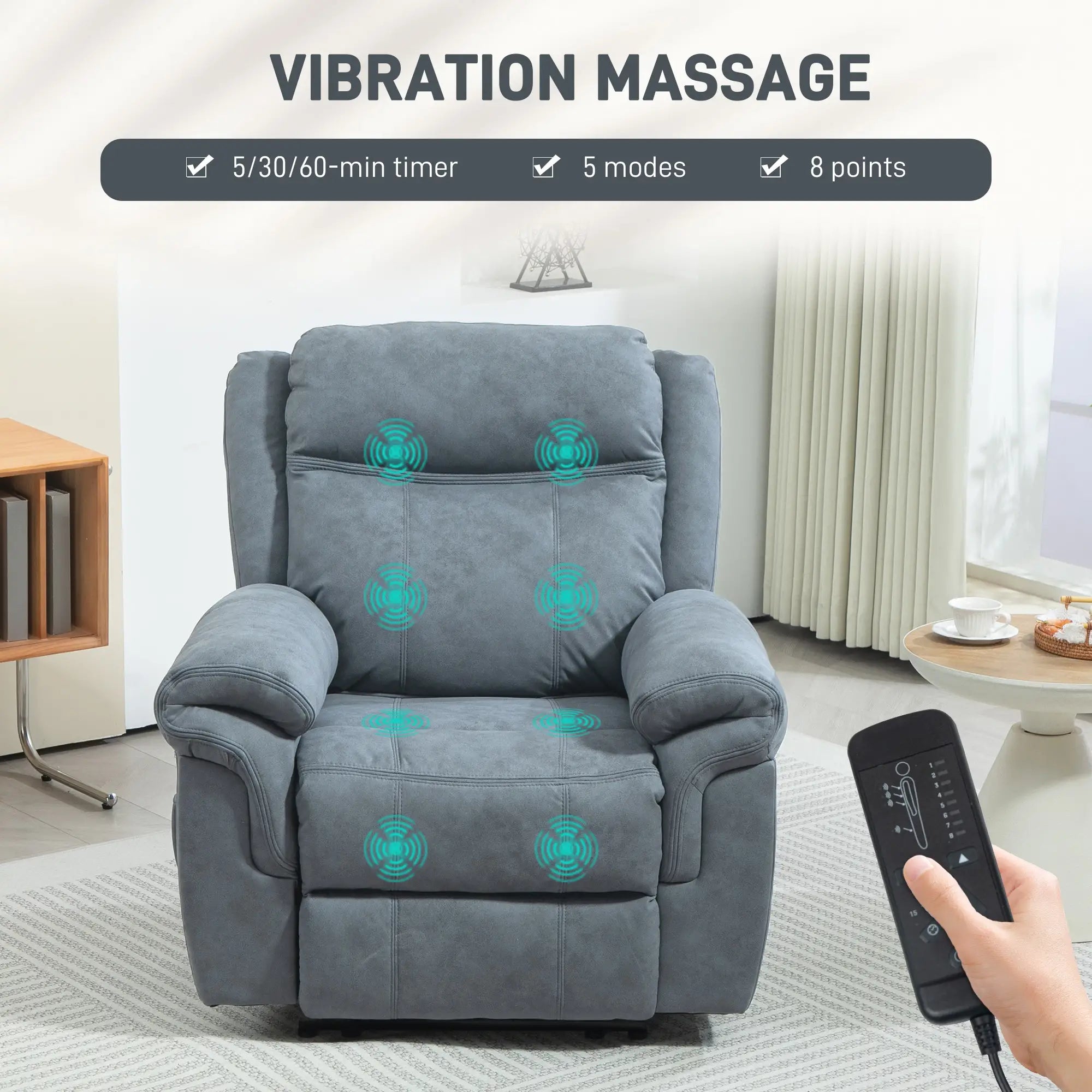 Manual Recliner Chair, Vibration Massage, Side Pockets, Microfibre, Blue-Grey Sofas & Reclining Chairs at Gallery Canada