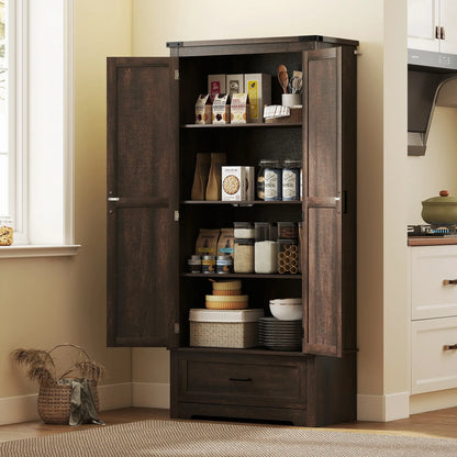 69" Tall Kitchen Pantry Cabinet, 2 Doors, Drawer, Adjustable Shelves, Dark Brown Kitchen Pantry Cabinets at Gallery Canada