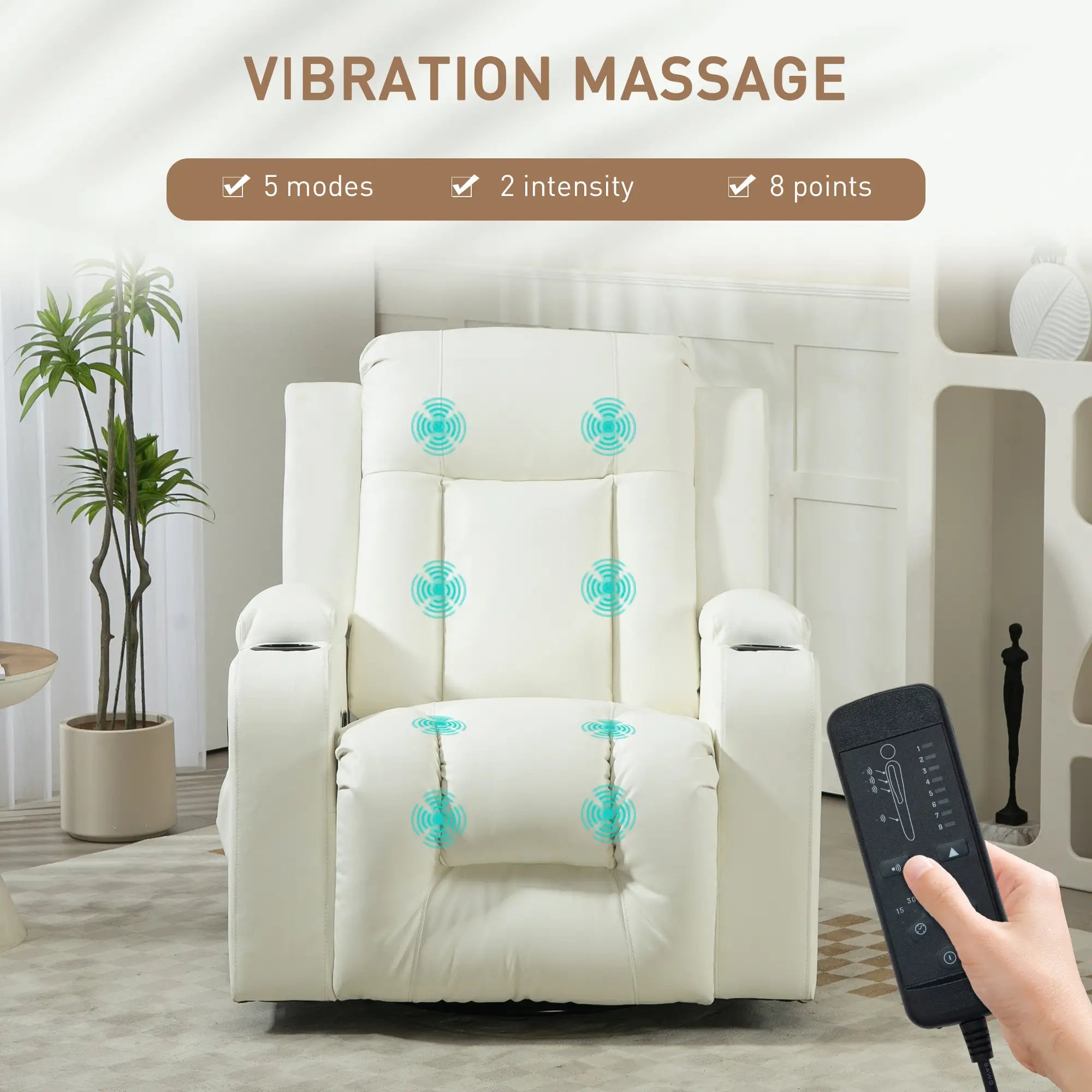 Swivel Massage Recliner Chair, Manual Rocker, PU Leather, Cream White Single Sofas at Gallery Canada