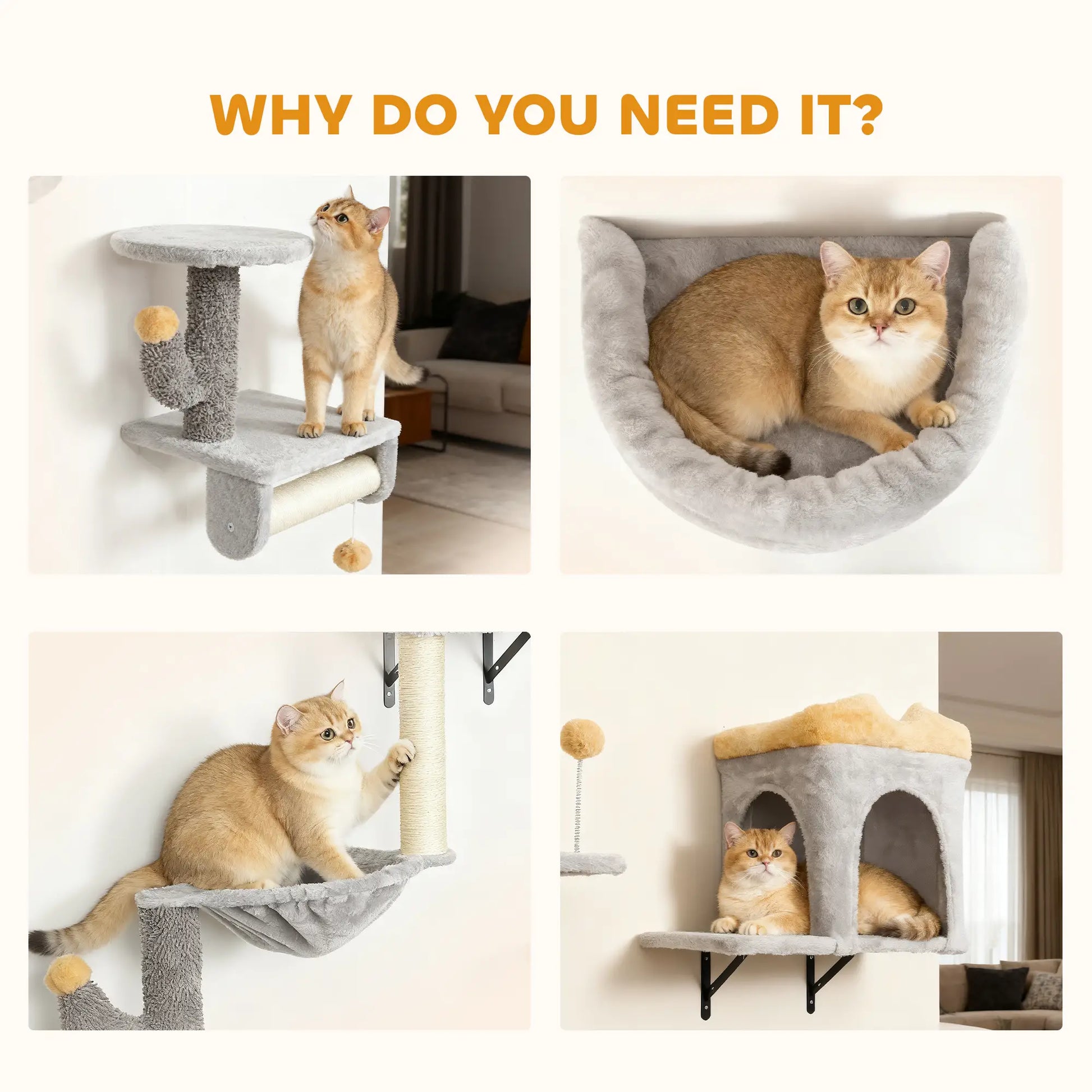 Cat Wall Shelves, 4 Pcs Set with Scratching Posts, Condo, Hammock, Perchs, Light Grey Cat Climbing Wall at Gallery Canada