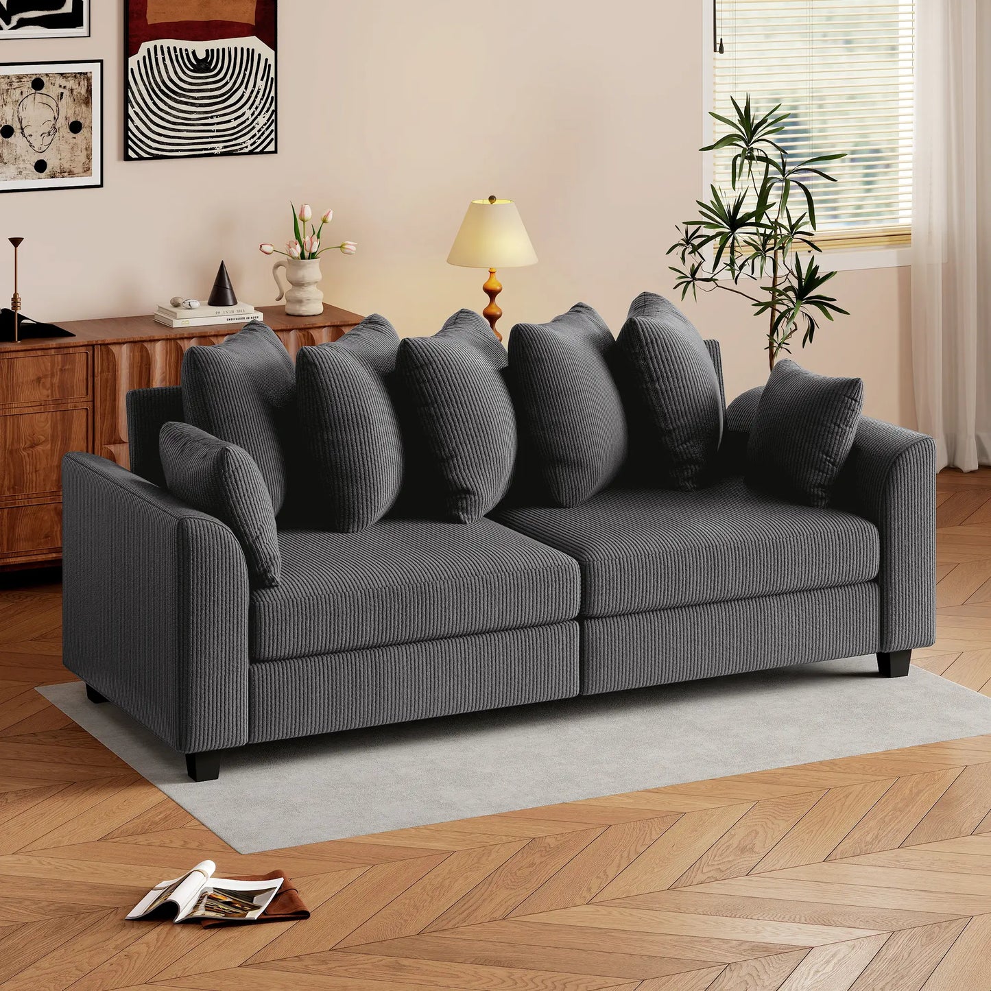 Corduroy Couch, 3 Seater Sofa, Modern Upholstered with Curved Armrests, 8 Removable Pillows, Dark Grey 3-Seater Sofas at Gallery Canada