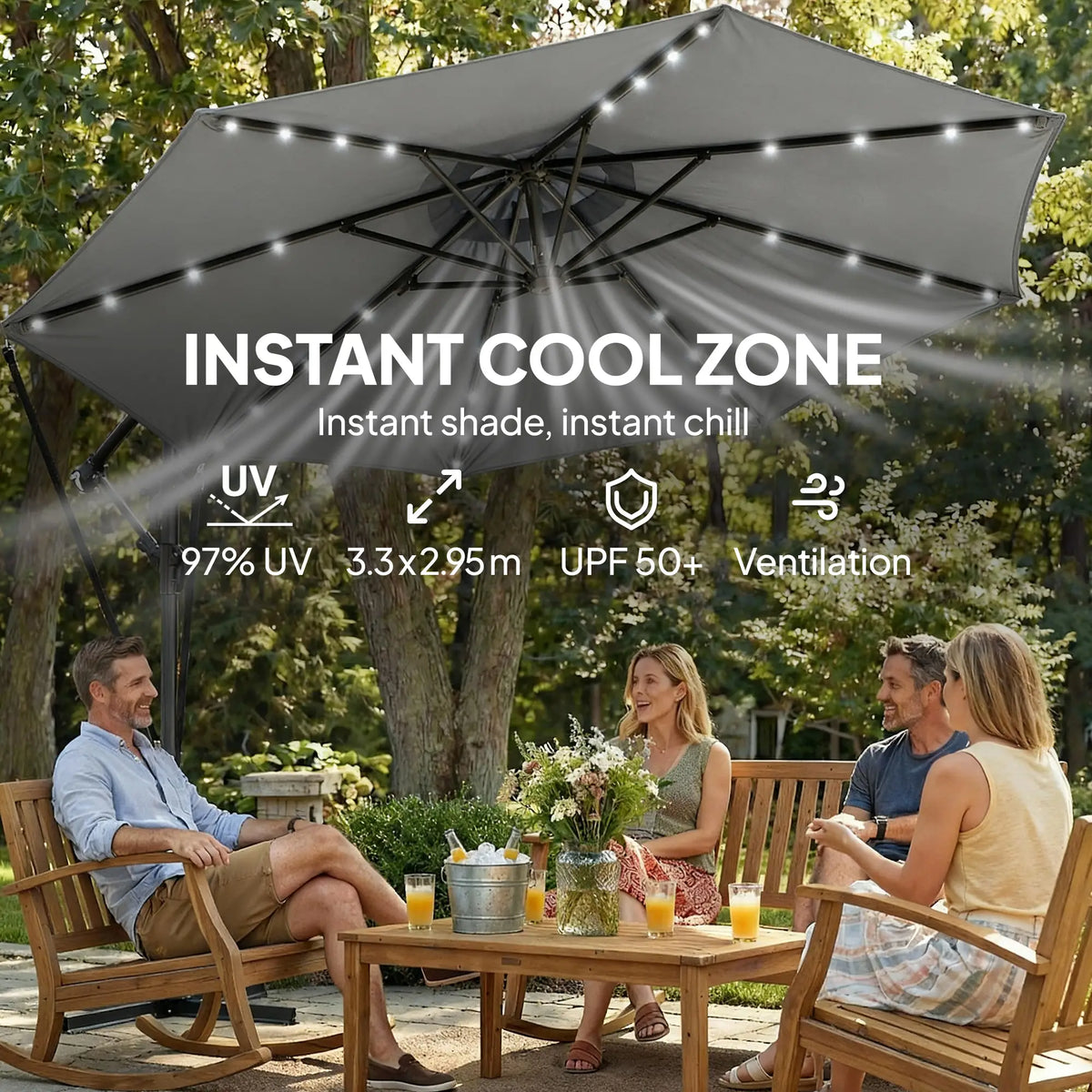 9.7ft Solar LED Cantilever Patio Umbrella, 32 LED Lights, Cross Base, Crank Handle, Dark Grey Offset Cantilever Umbrellas at Gallery Canada