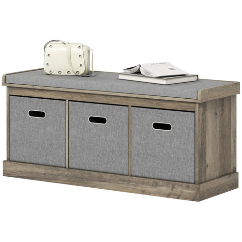 Shoe Storage Bench with Seat, 3 Fabric Drawers, Washed Grey