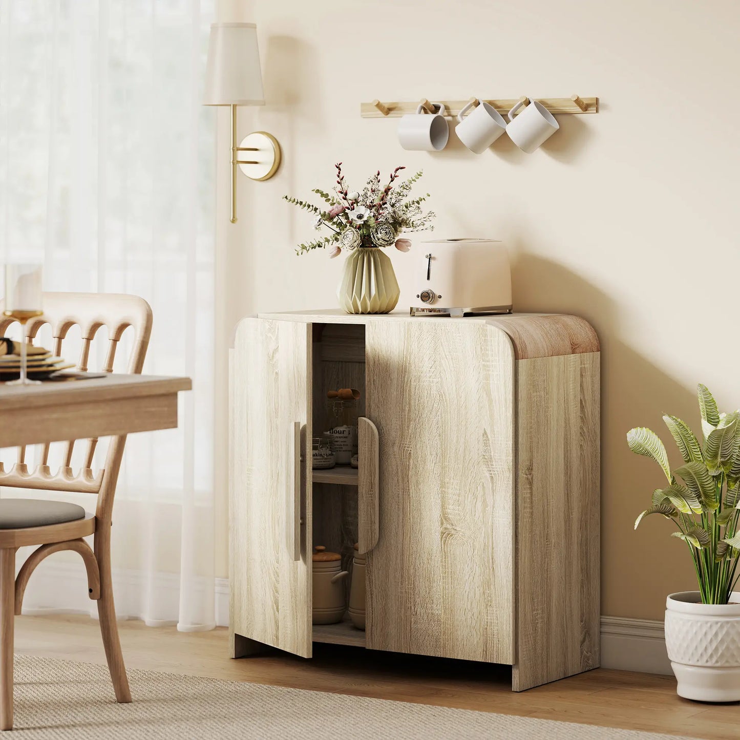 31.5" Meuble bas de cuisine, Bois naturel, Porte à fermeture douce, Étagère réglable