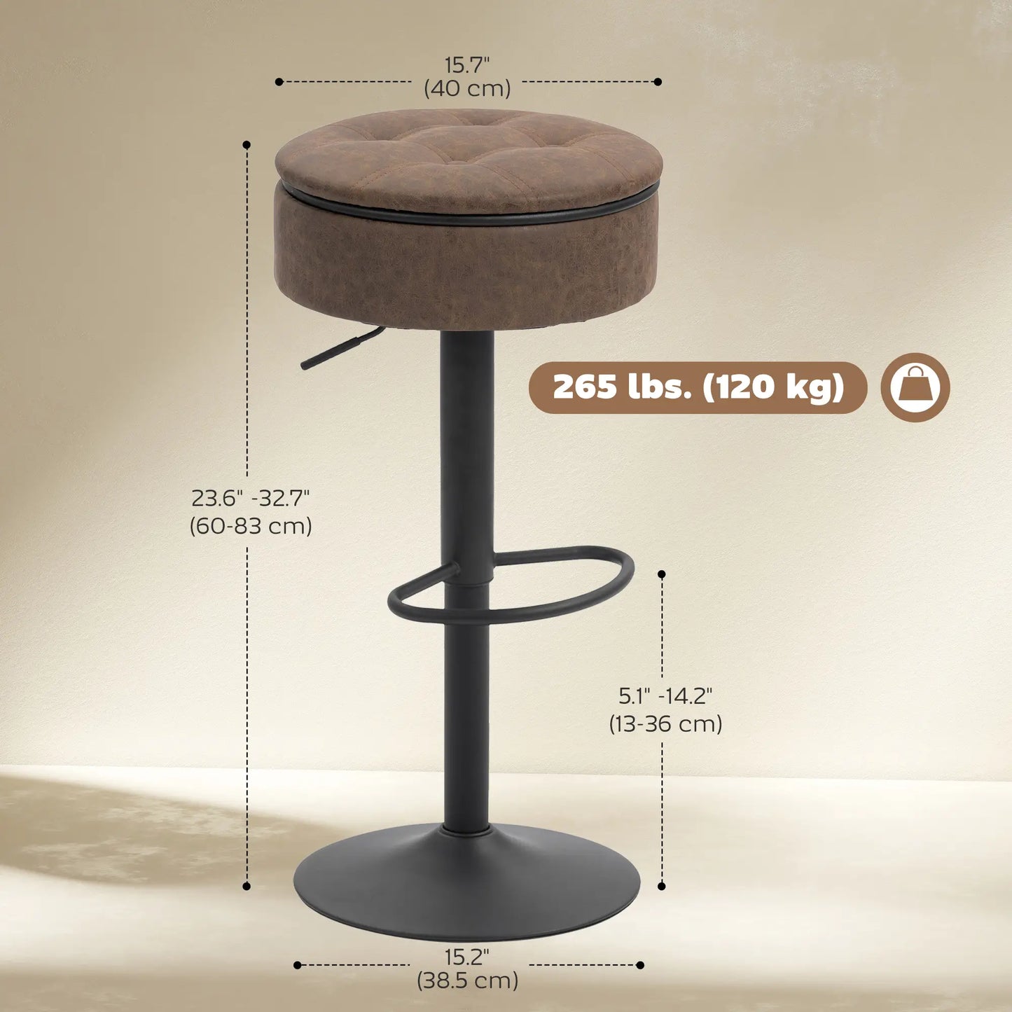 Set of 2 Barstools with Storage, Swivel, PU Leather, Footrest, Steel Base, Brown Bar Stools at Gallery Canada