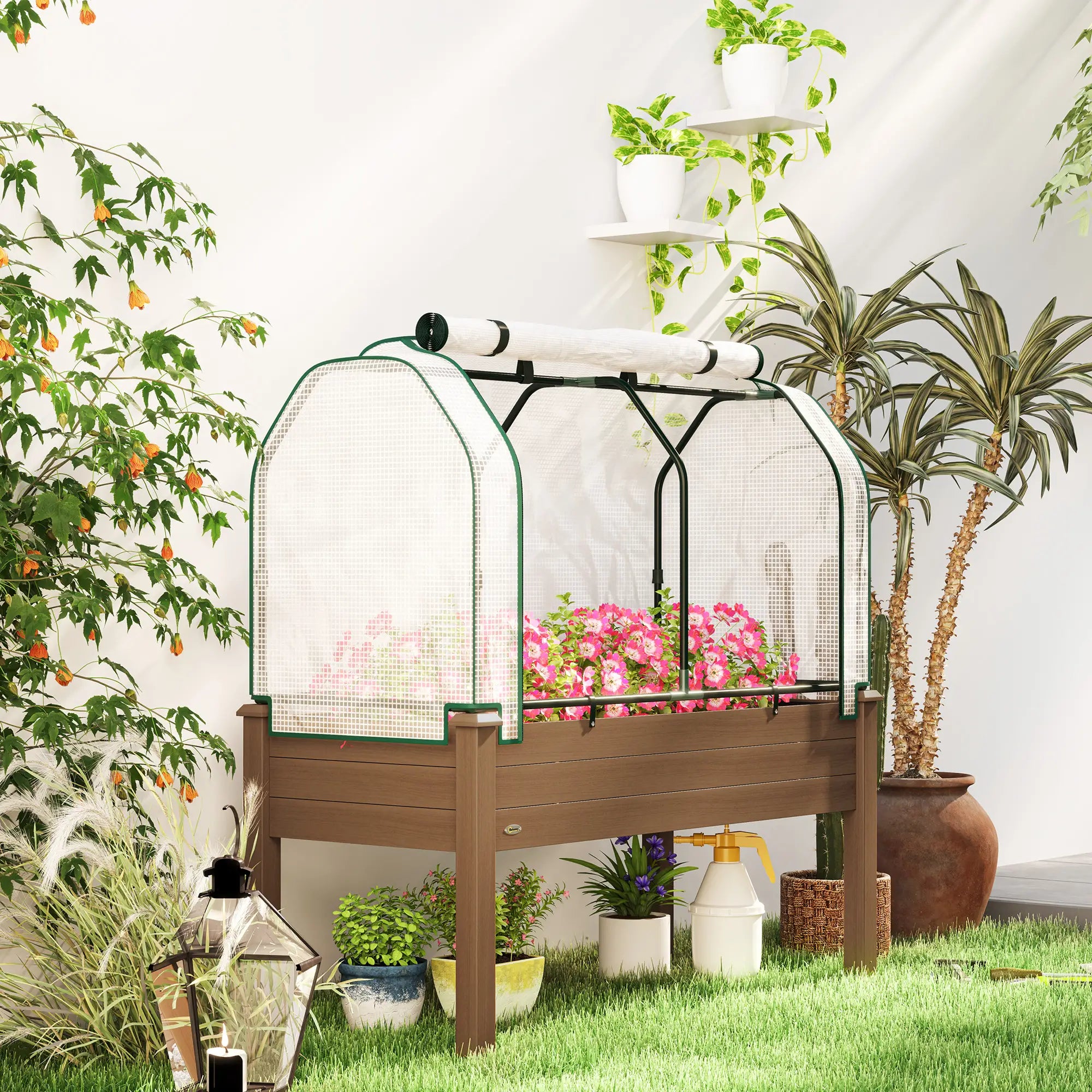 Raised Garden Bed With Greenhouse Cover, Elevated Wood Planter Box, Brown Elevated Garden Beds at Gallery Canada