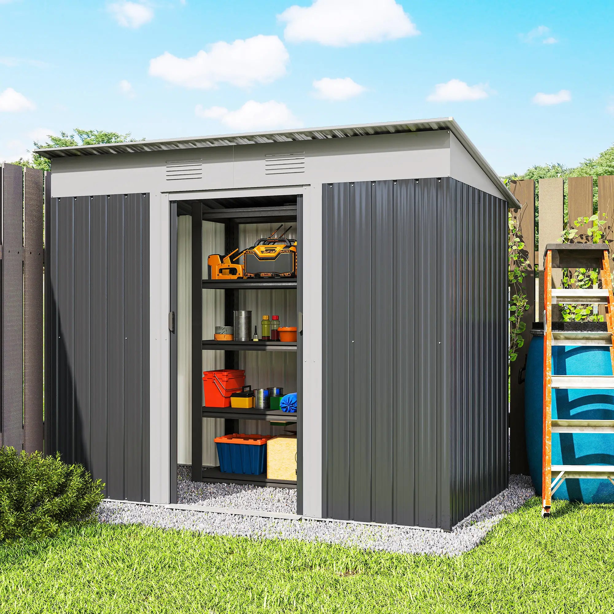 7' x 4' Outdoor Storage Shed, Metal Garden Tool Organizer, Lockable Doors, Charcoal Grey Sheds at Gallery Canada