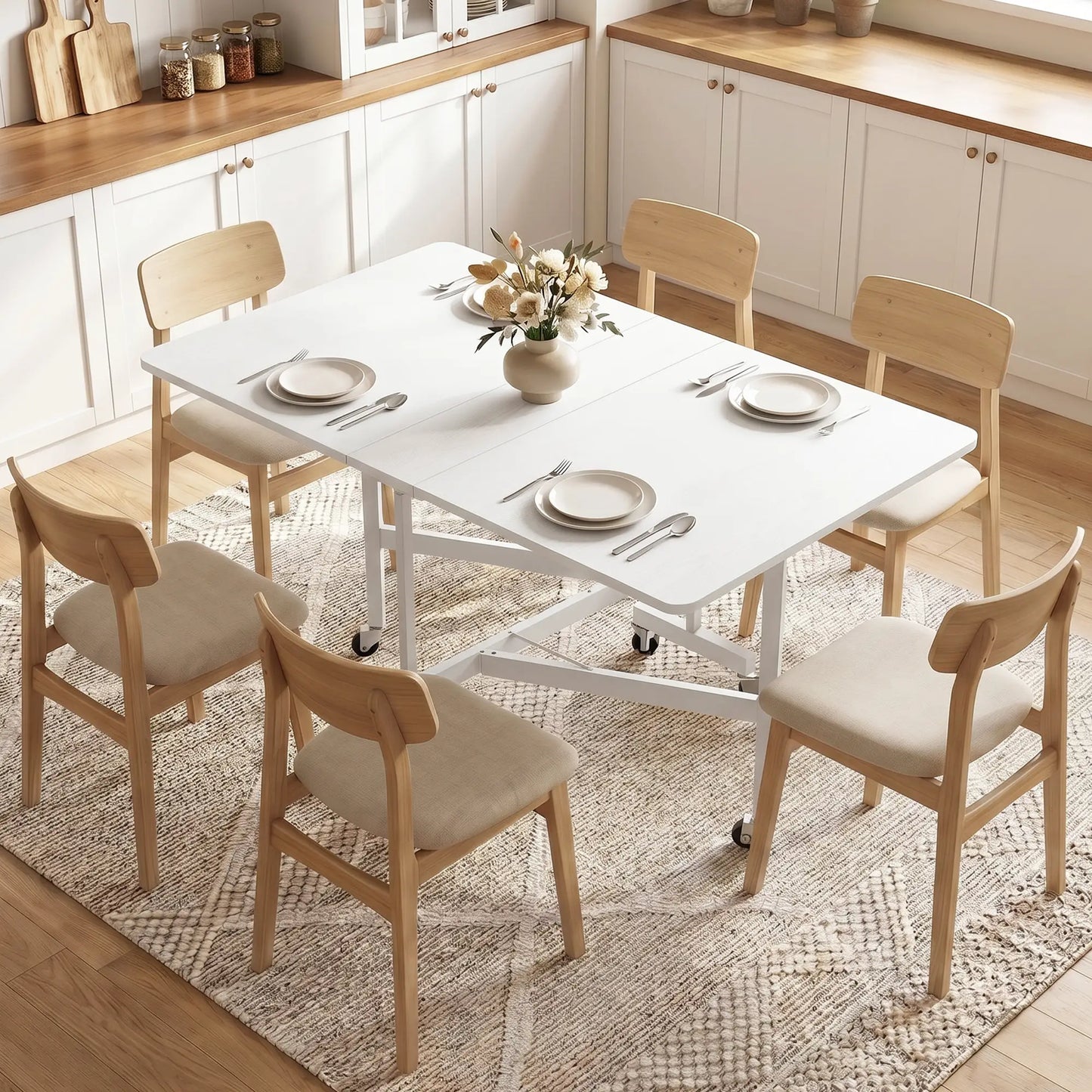 Six-Seater Drop-Leaf Dining Table with Wheels, White Dining Tables at Gallery Canada