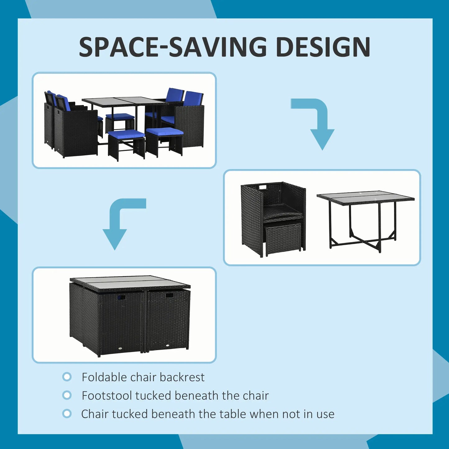 9-Piece Wicker Patio Dining Set, Glass Top Table, Ottomans, Blue Outdoor Dining Sets at Gallery Canada