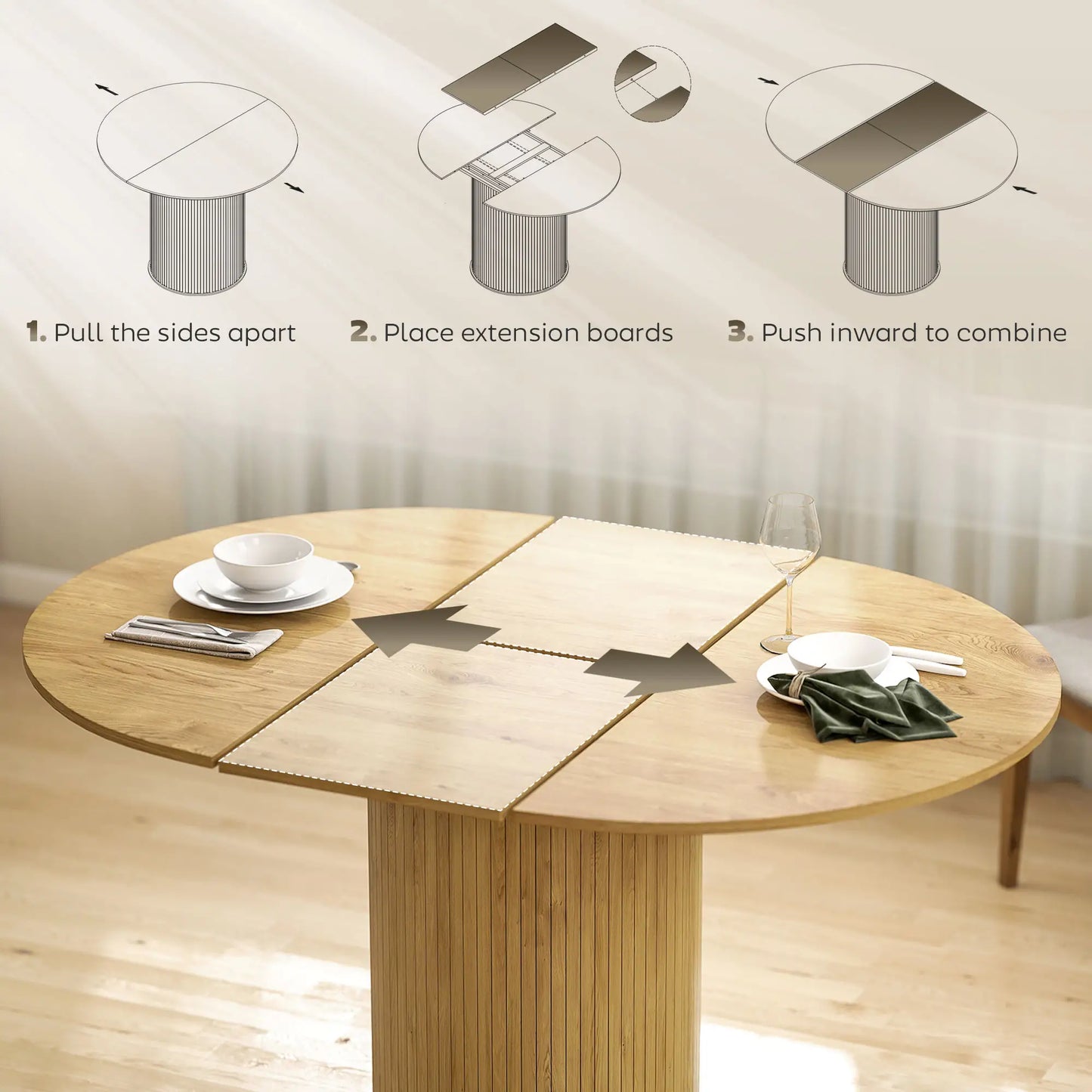 Extendable Kitchen Table, 43.5"-59", Natural Wood Finish, Natural Wood Dining Tables at Gallery Canada