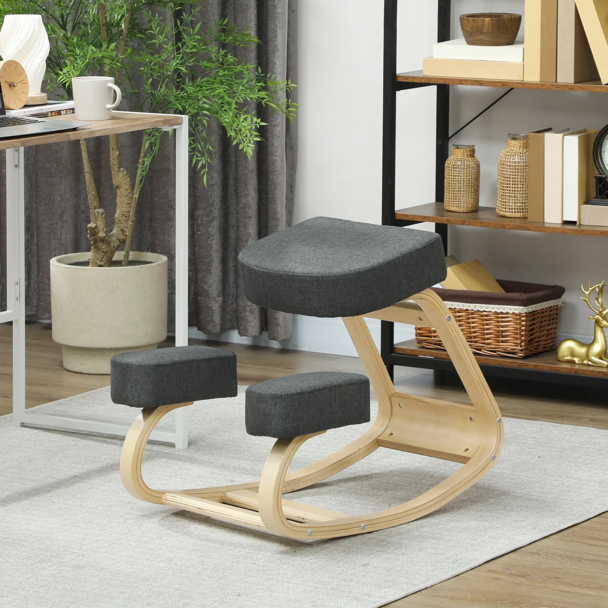 Ergonomic Kneeling Chair, Wood Kneel Stool, Thick Pads, Dark Grey Office Chairs at Gallery Canada