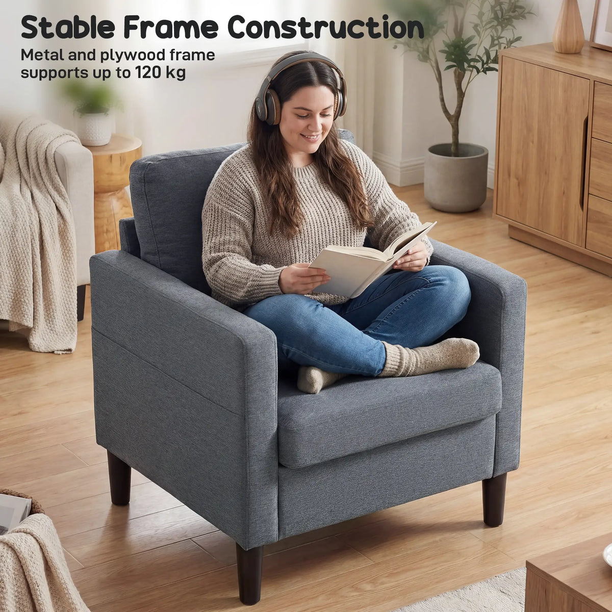 Modern Upholstered Accent Chair, Thick Padded Seat, Dark Grey Accent Chairs at Gallery Canada
