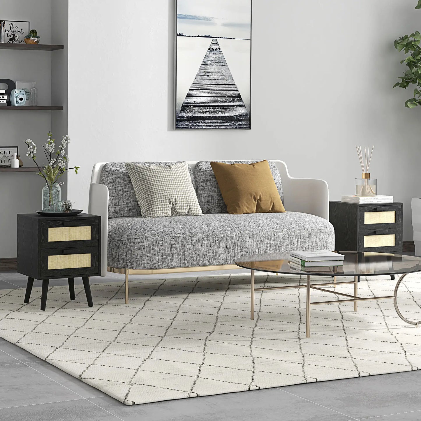 Boho Nightstands Set of 2, 2 Drawers, Bedroom Living Room, Black Bedside Tables at Gallery Canada