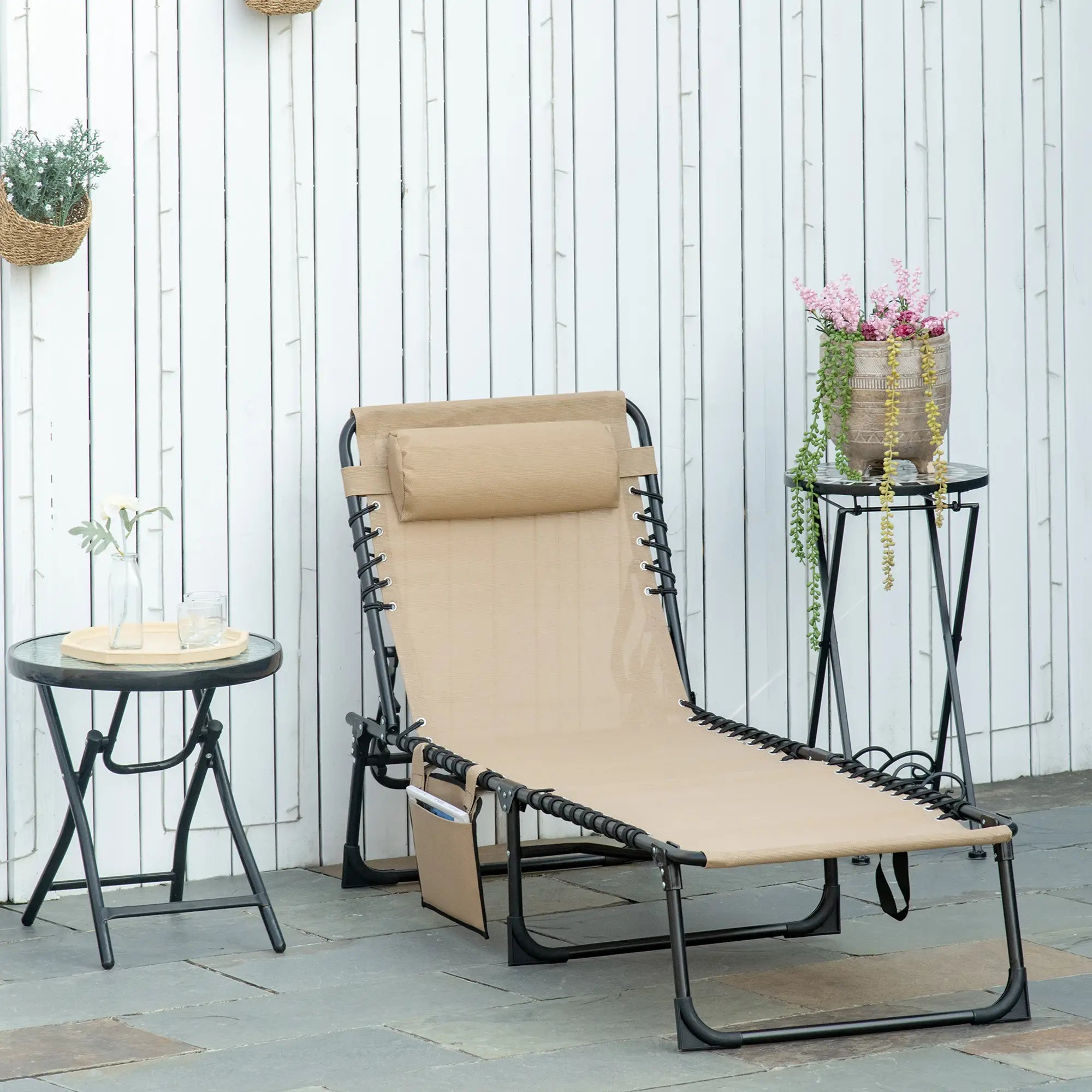 Outdoor Folding Chaise Lounge, Adjustable Backrest, Removable Pillow, Beige Lounger Chairs at Gallery Canada
