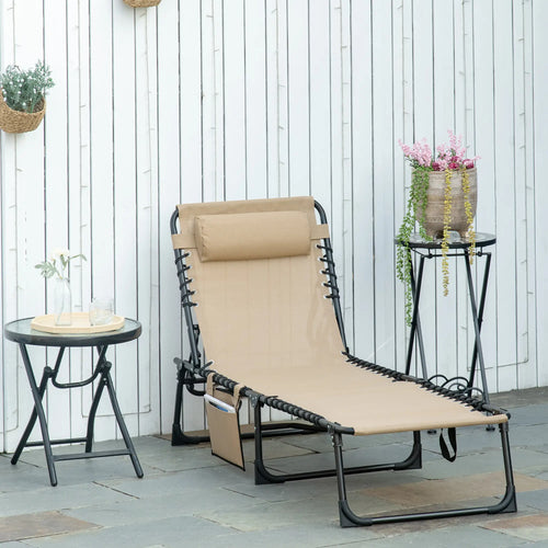 Outdoor Folding Chaise Lounge, Adjustable Backrest, Removable Pillow, Beige