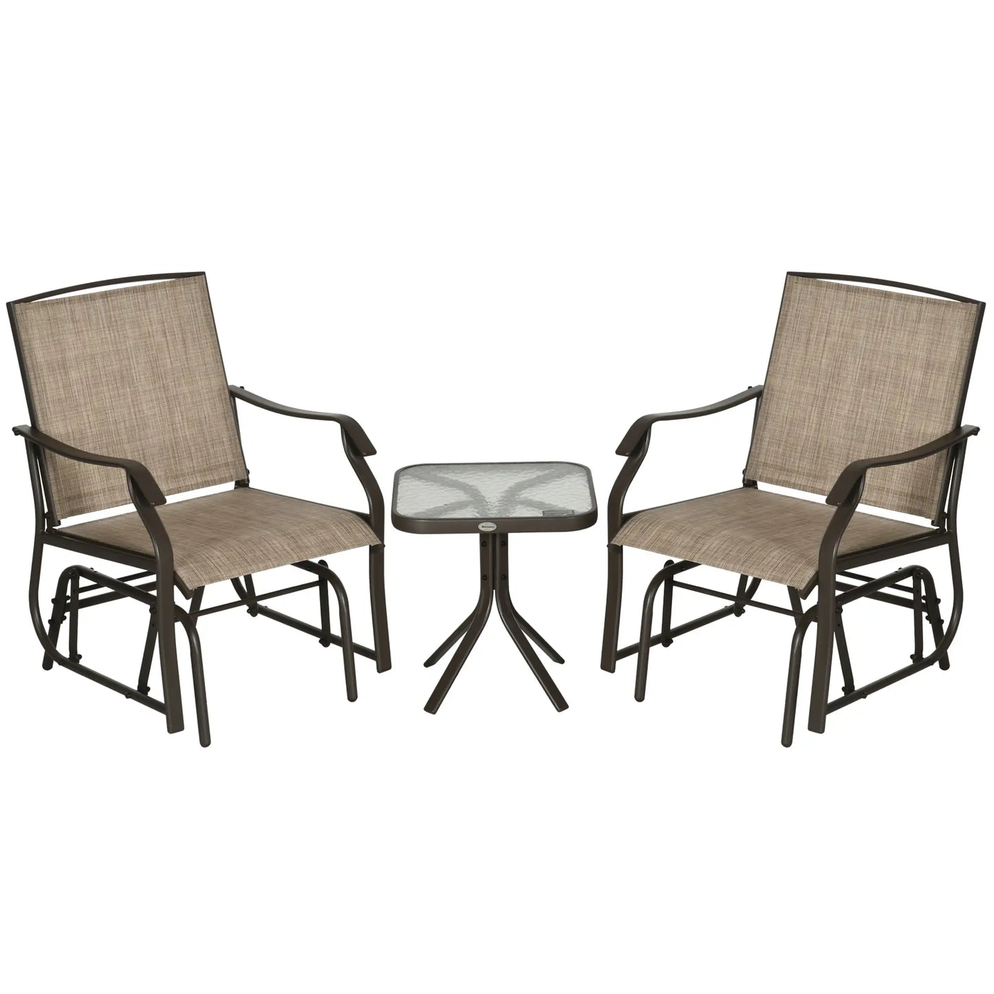 3 Piece Patio Glider Set, Outdoor Gliders, Mesh Seat, Glass Table, Mixed Brown, Brown Outdoor Gliders Brown Frame, Light Mixed Brown Fabric at Gallery Canada
