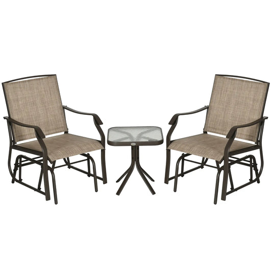3 Piece Patio Glider Set, Outdoor Gliders, Mesh Seat, Glass Table, Mixed Brown, Brown Outdoor Gliders Brown Frame, Light Mixed Brown Fabric at Gallery Canada