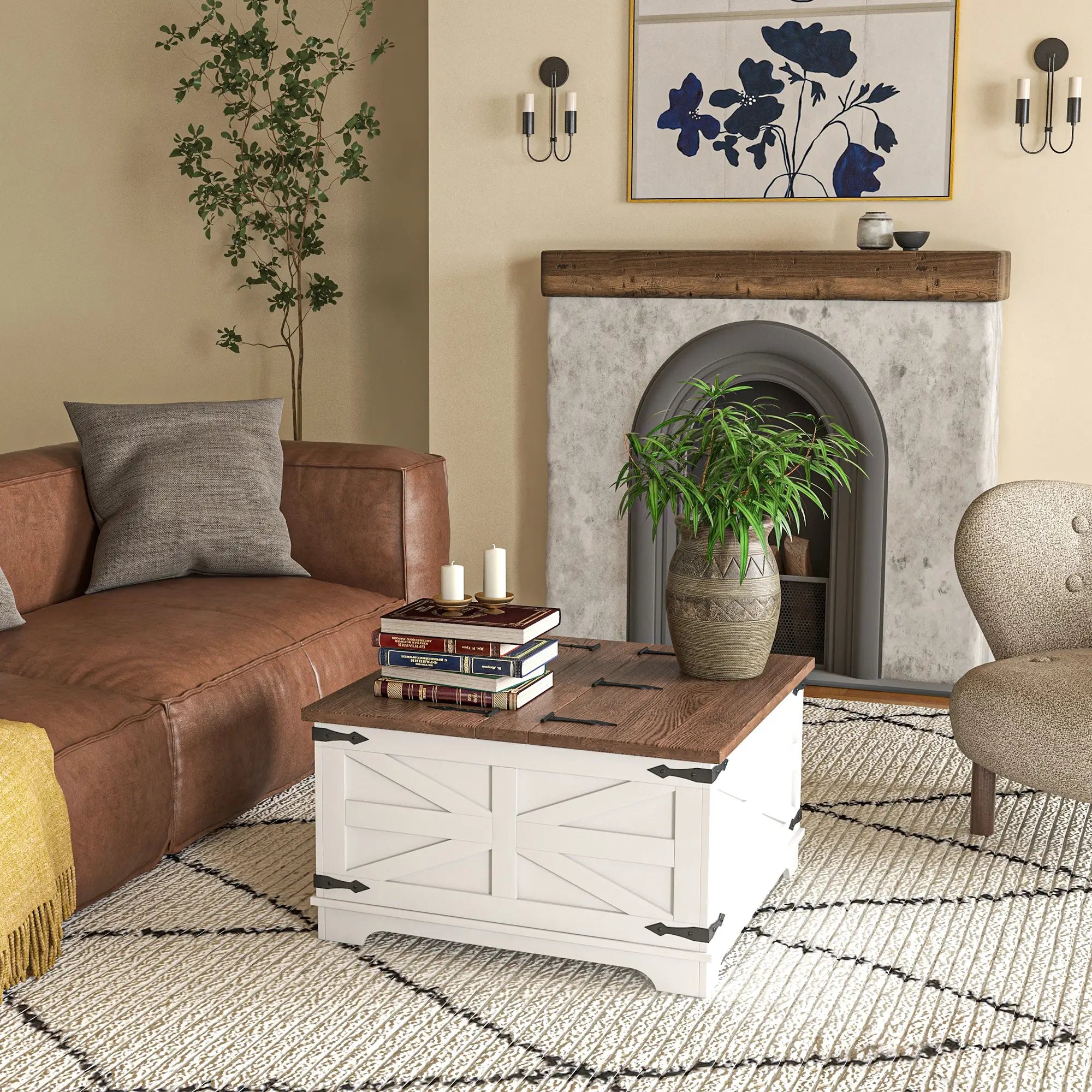 Farmhouse Coffee Table, Square Flip-Top Lid, Hidden Storage, White Coffee Tables at Gallery Canada