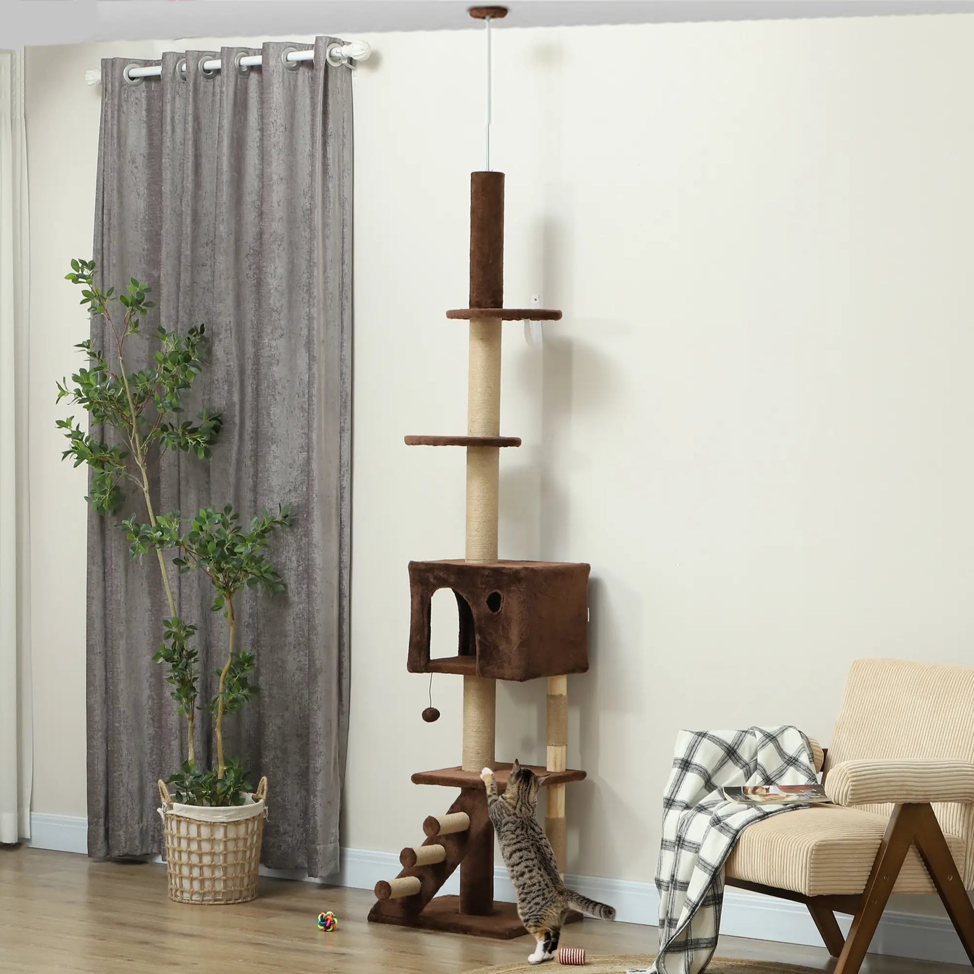 89"-104" Cat Tree with Scratching Post, Cat House, 3-Steps, Hanging Ball, Brown Floor to Ceiling Cat Trees at Gallery Canada